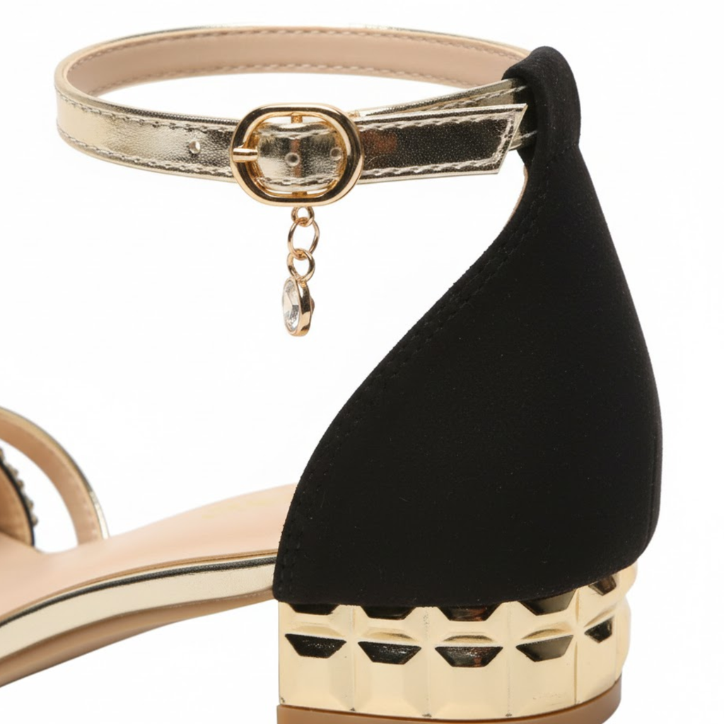 Low-heeled sandals for women with ankle strap and sparkling details