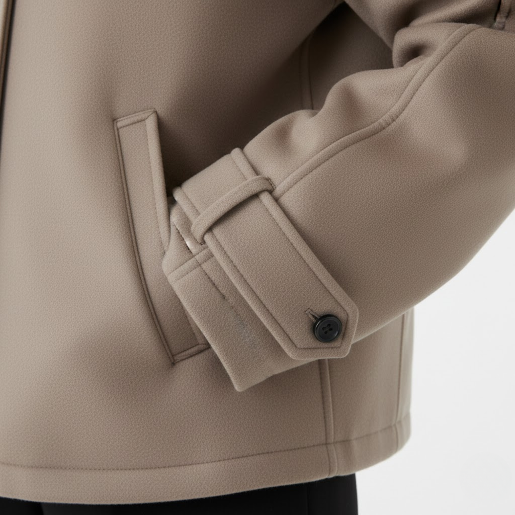 Short wool jacket for women with stand-up collar and contrasting buttons