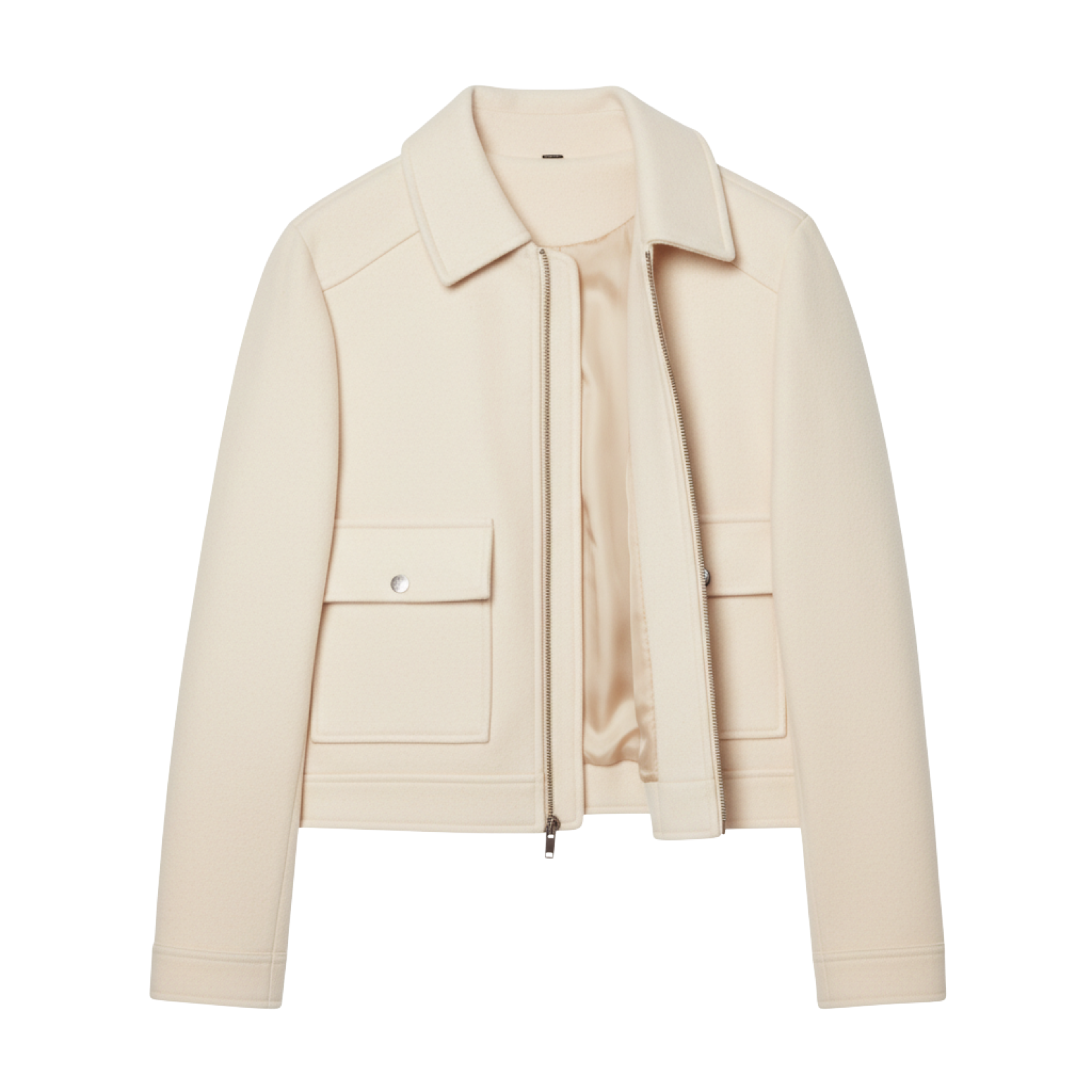 Short Polyester Jacket with Turn-Down Collar and Zipper Closure for Women