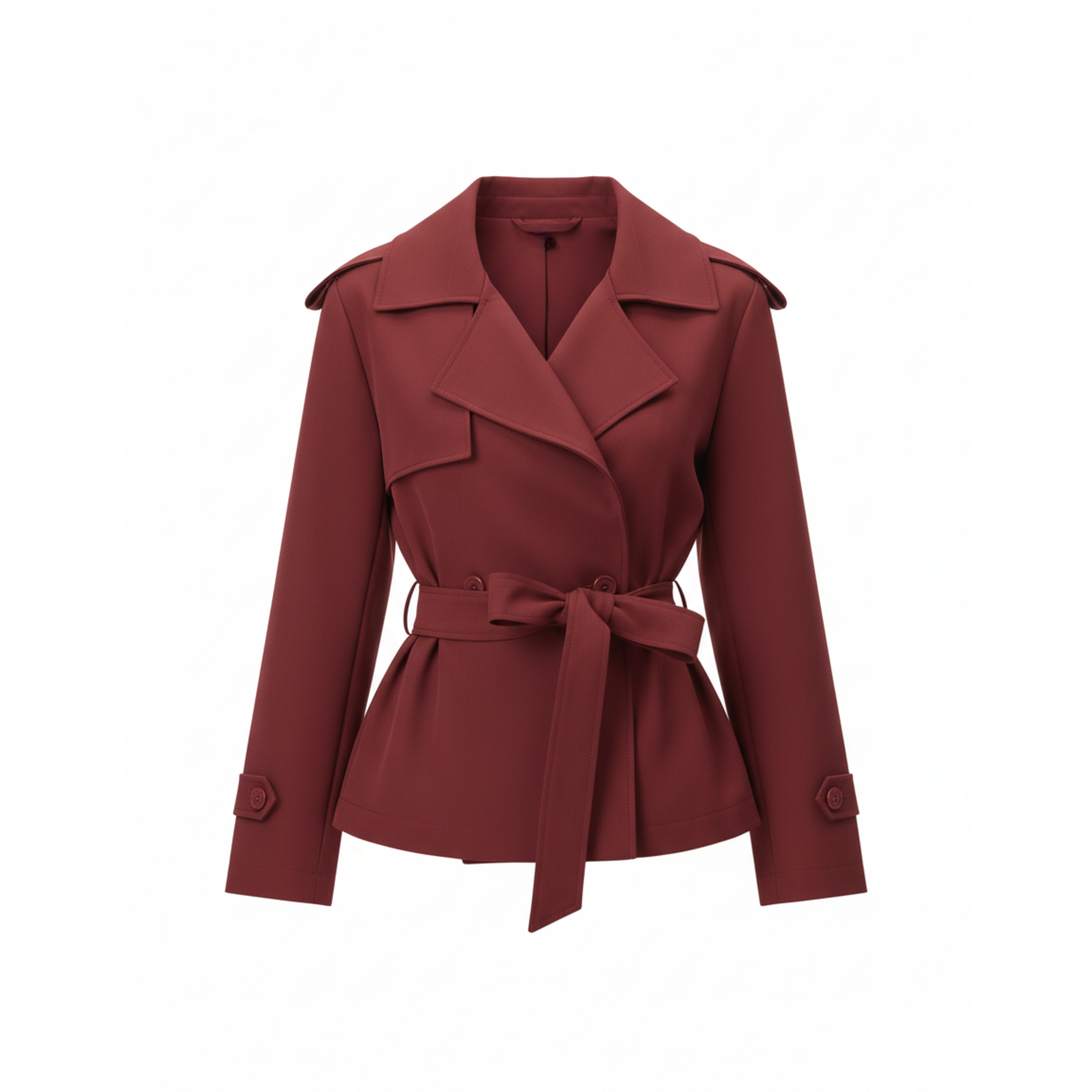 Short Polyester Trench Coat with Belt and Notched Collar for Women
