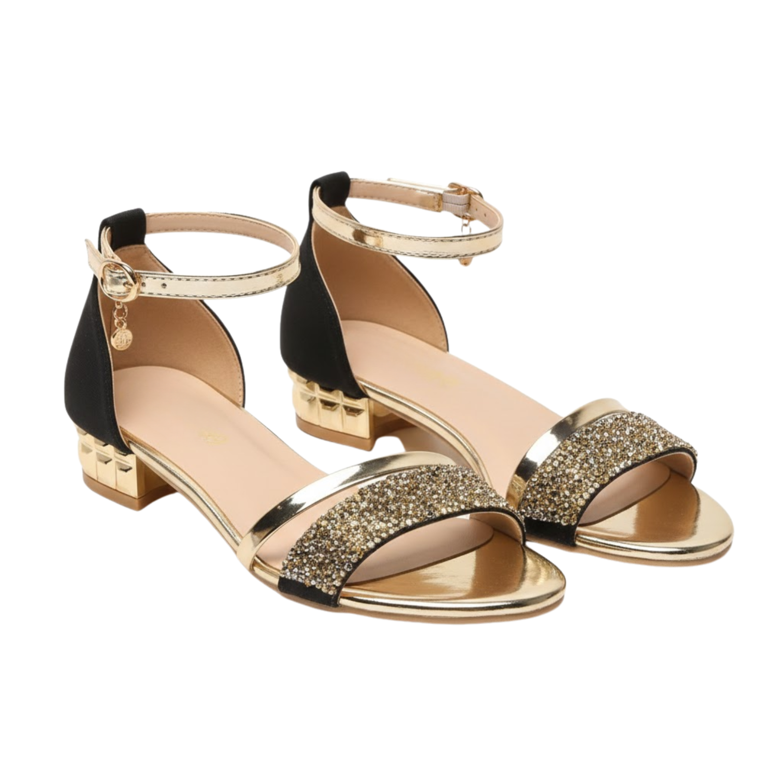 Low-heeled sandals for women with ankle strap and sparkling details