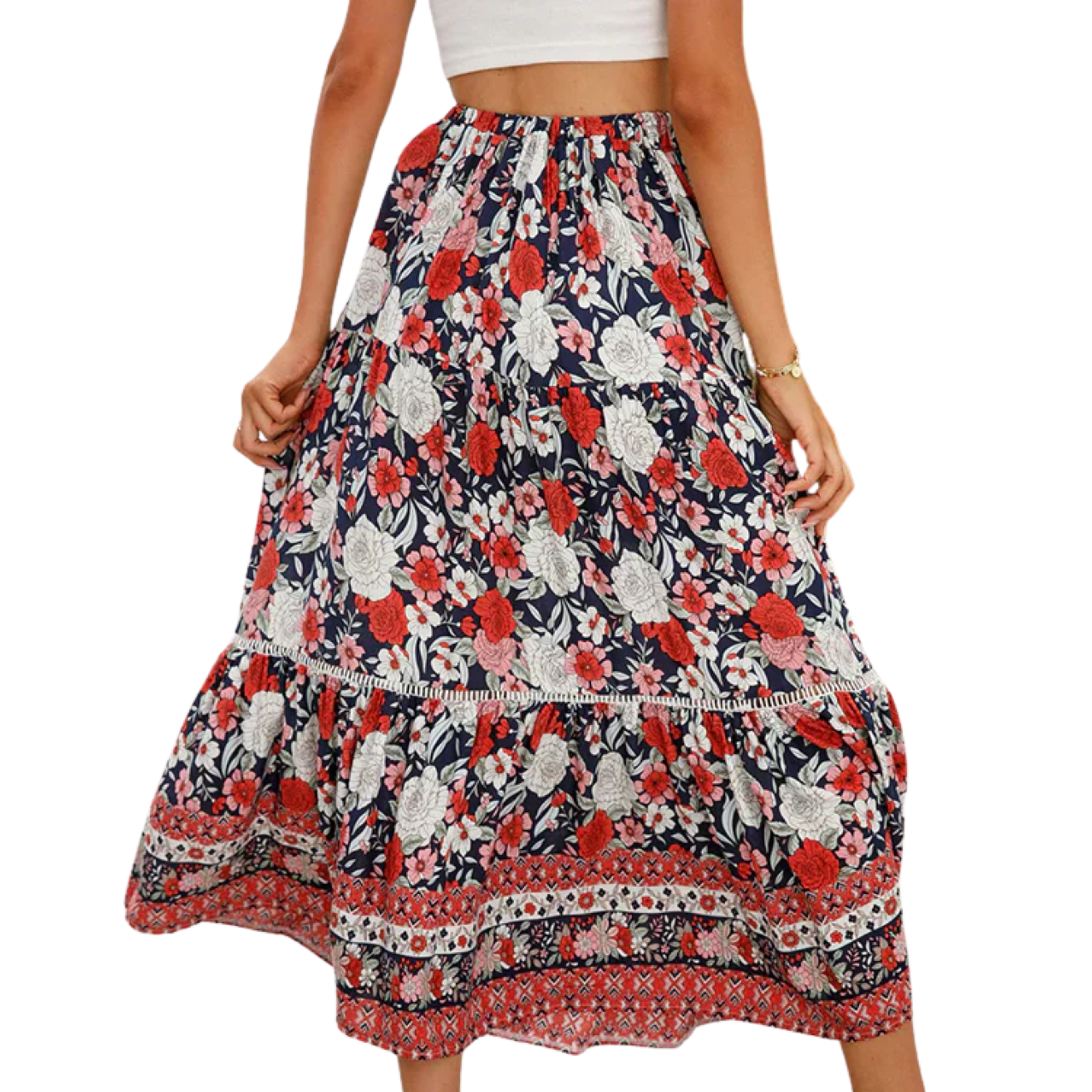 Long floral maxi skirt — high waist with lacing — summer vacation