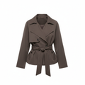 Short Polyester Trench Coat with Belt and Notched Collar for Women