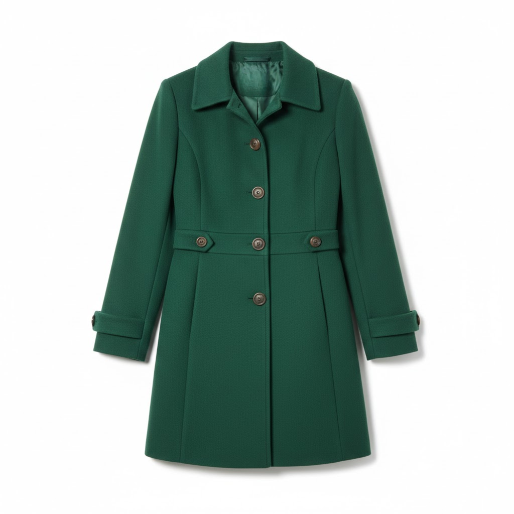 Mid-length wool coat with tailored collar and multiple buttons