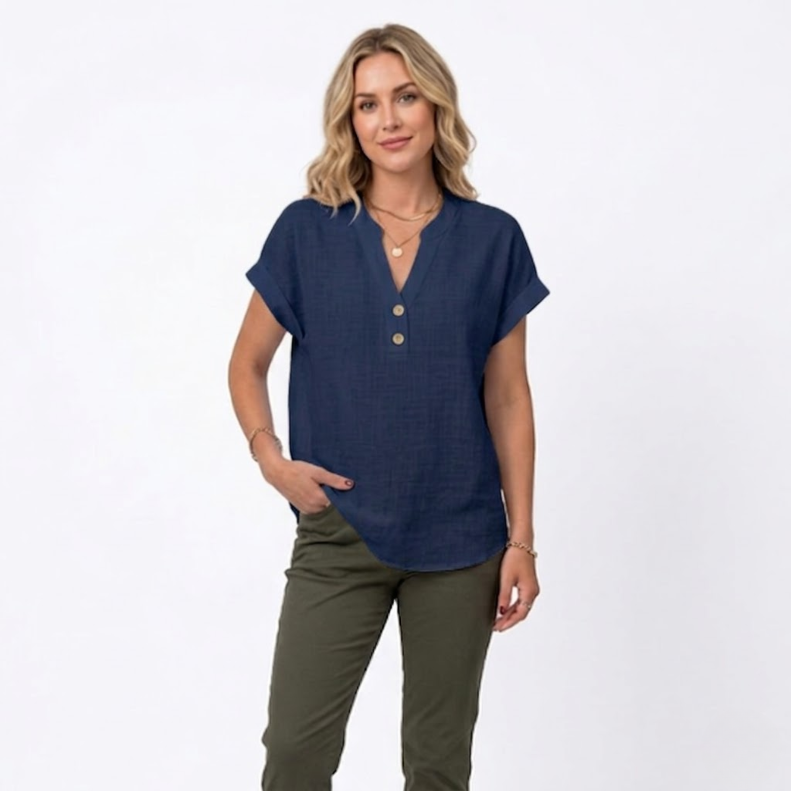 Cotton and Linen V-Neck Short Sleeve Blouse for Women