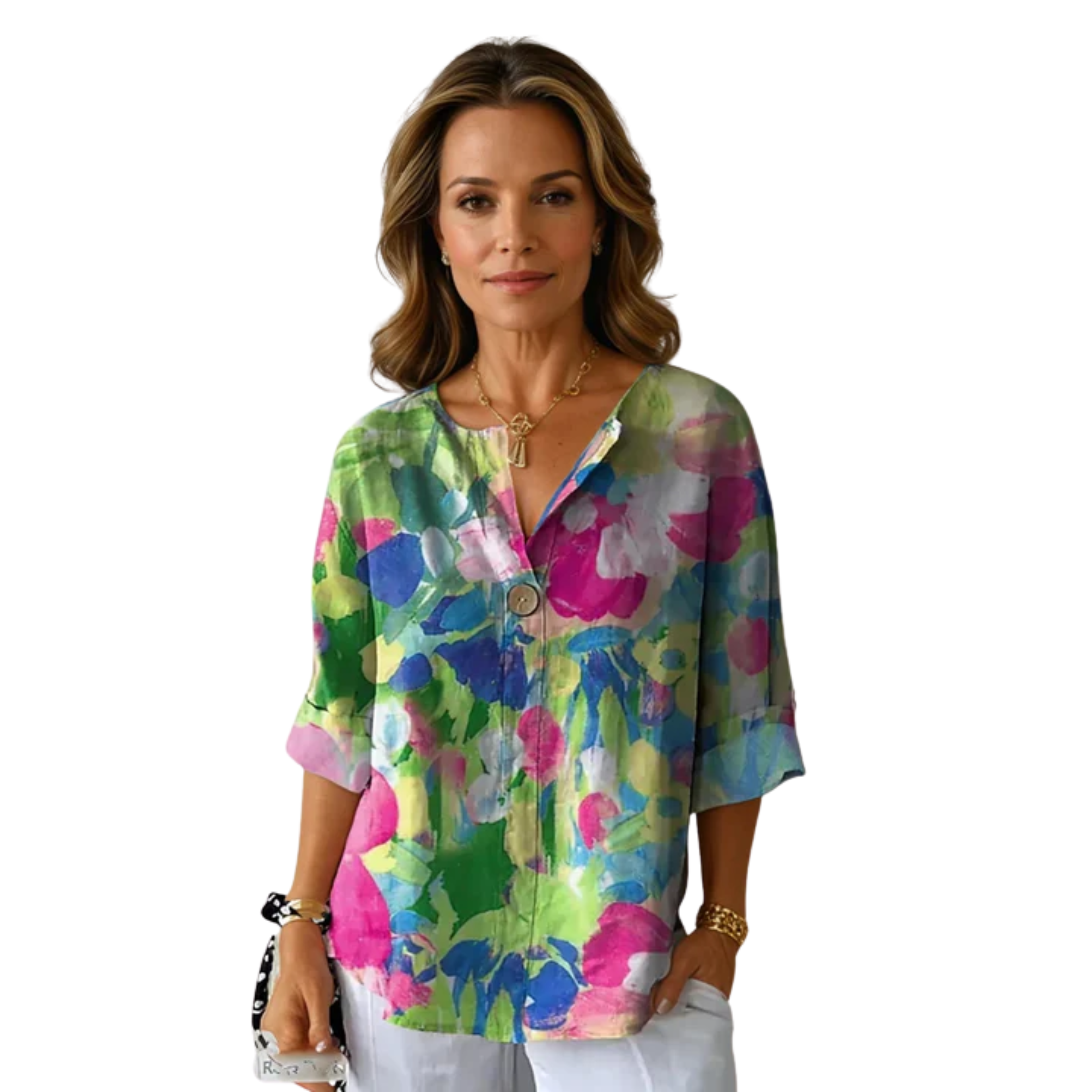 Floral print blouse — three-quarter buttoned sleeves — casual
