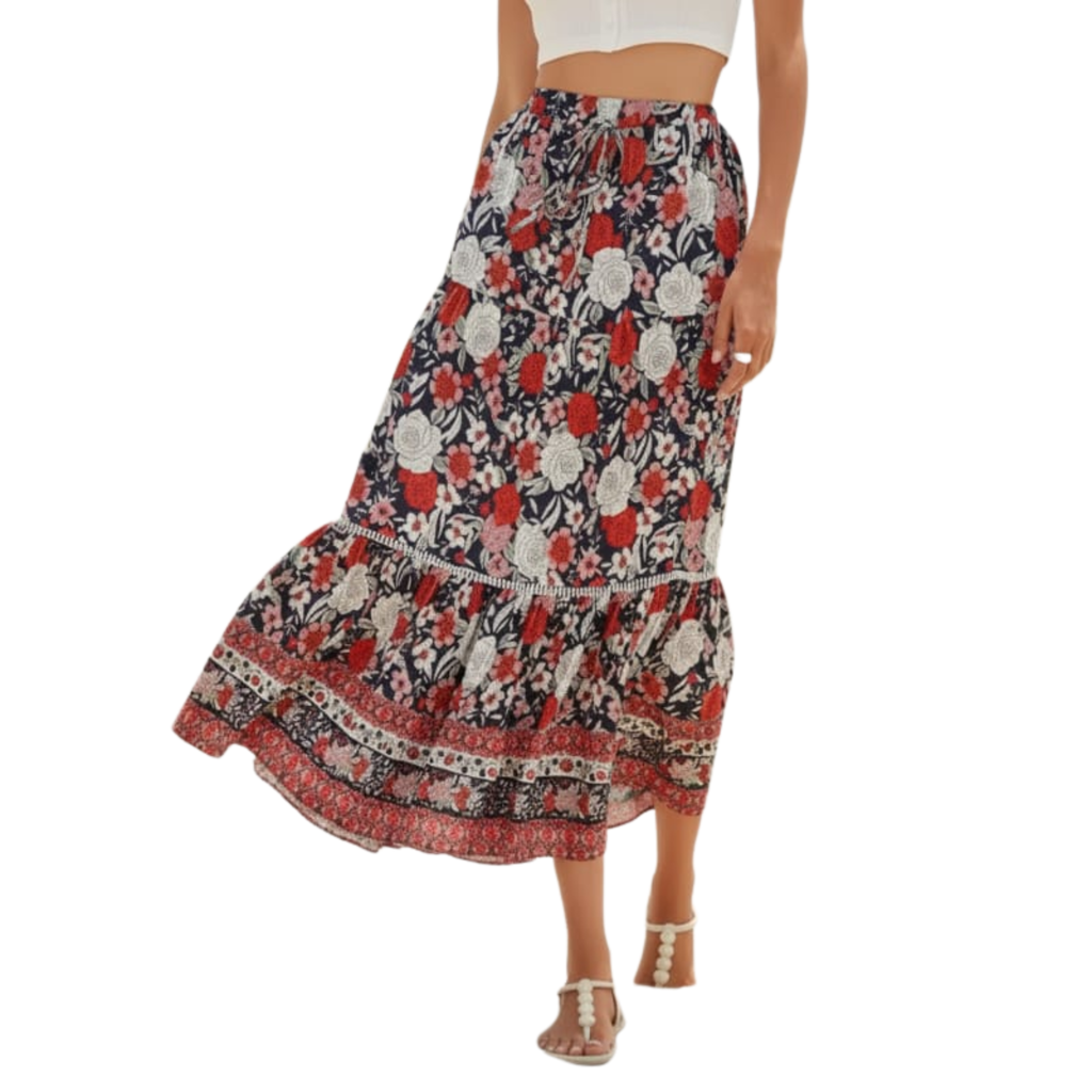 Long Floral Maxi Skirt — High Waist with Drawstrings — Beach Outfit