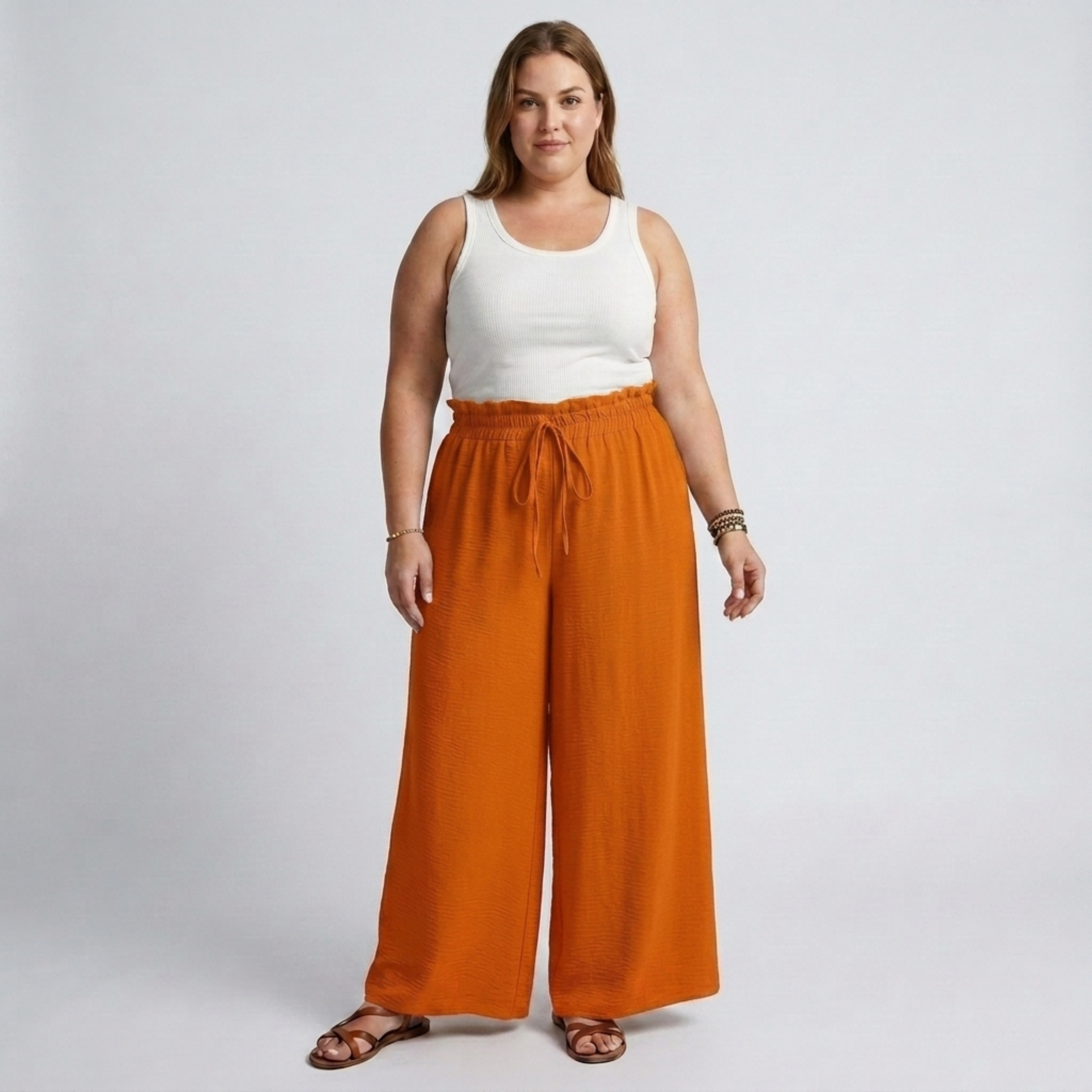 Wide large size pants for women with elastic waistband and drawstring