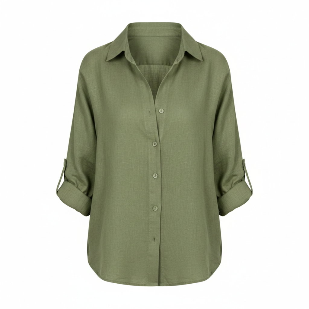Loose casual button-up shirt for women with three-quarter sleeves and split neckline