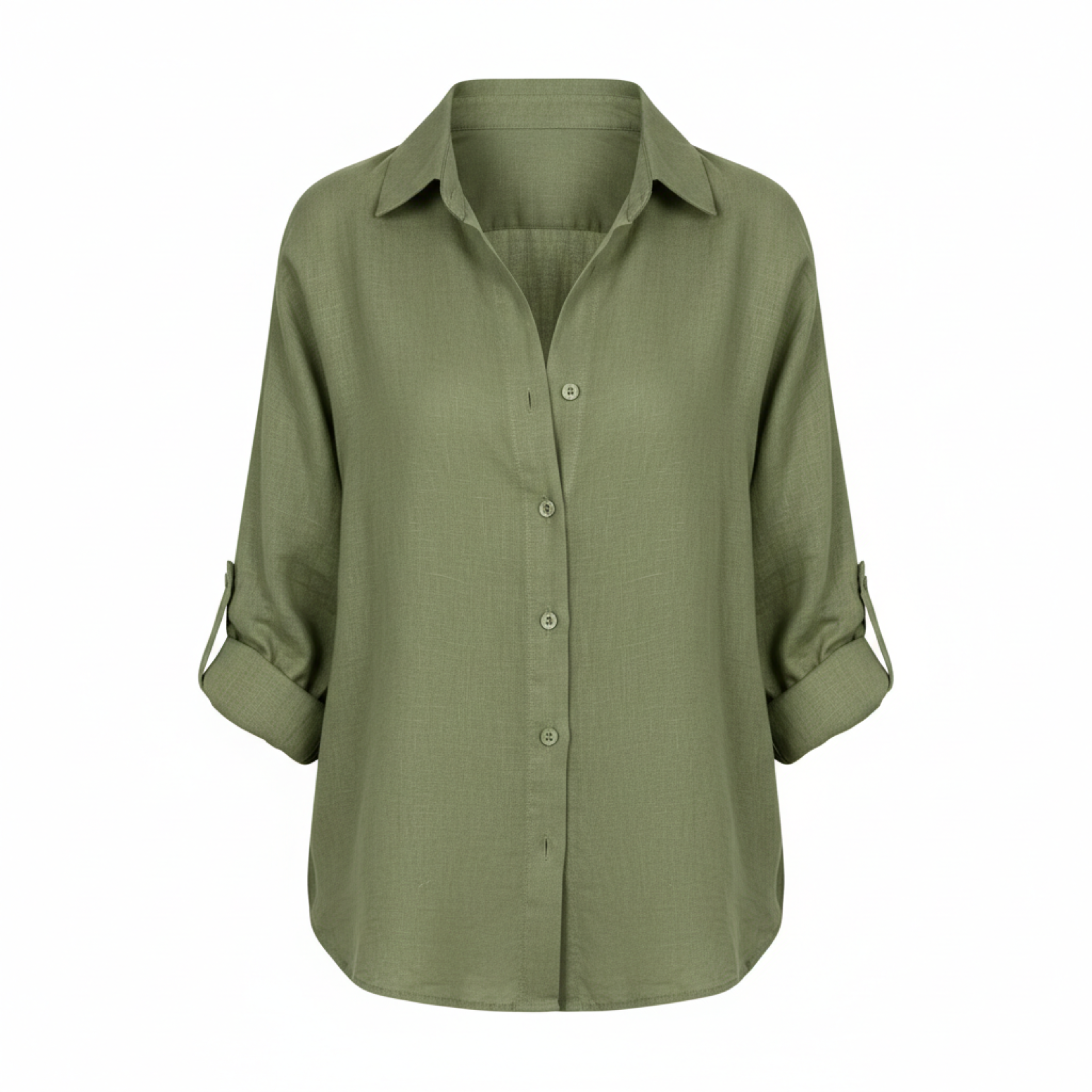 Loose casual button-up shirt for women with three-quarter sleeves and split neckline