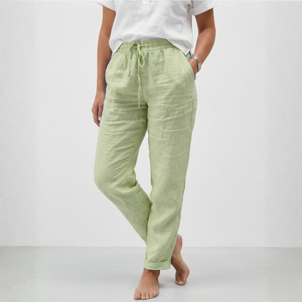 High-Waisted Elastic Cotton and Linen Pants with a Relaxed Fit for Women