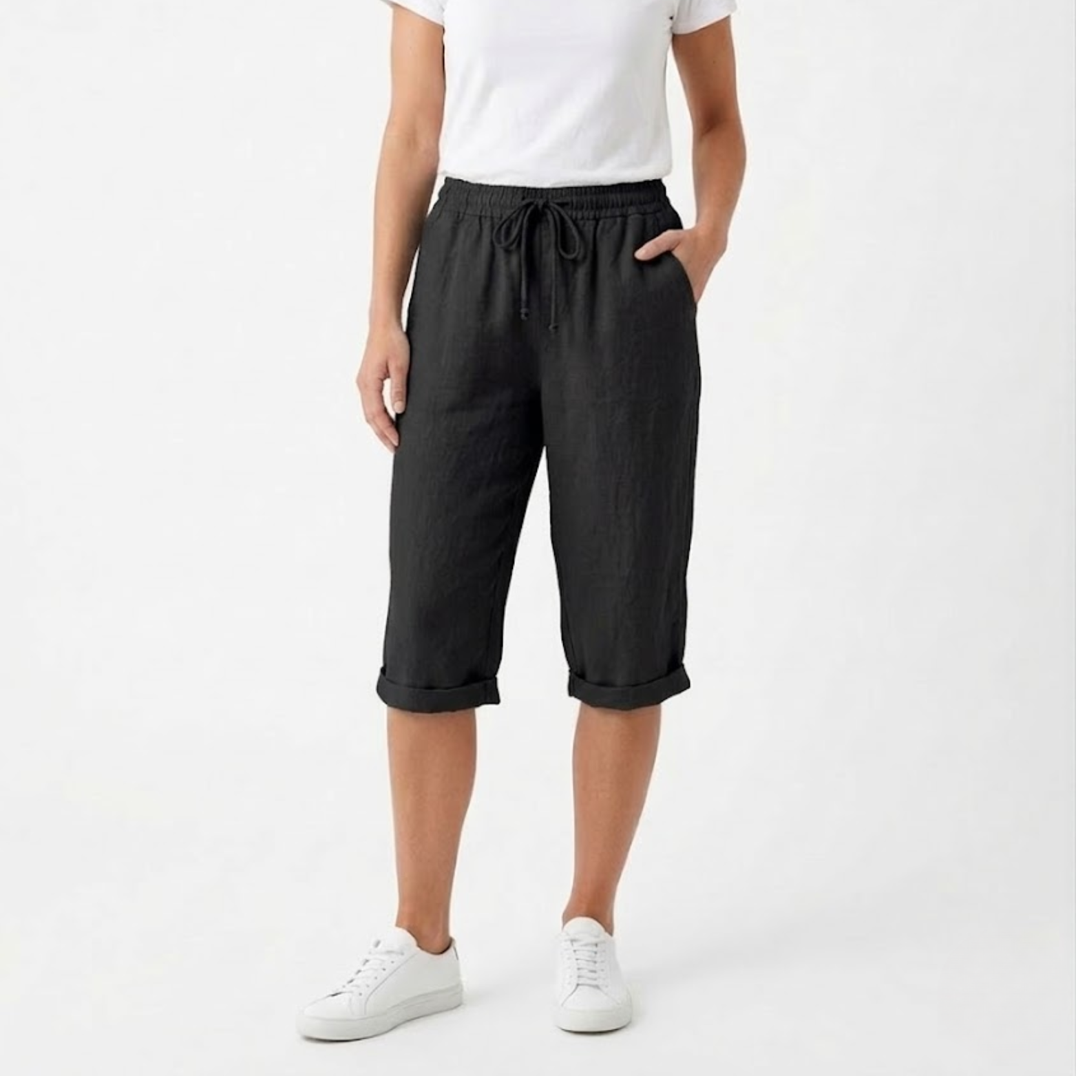 Cotton and Linen Shorts with Elastic Waist and Pockets for Women