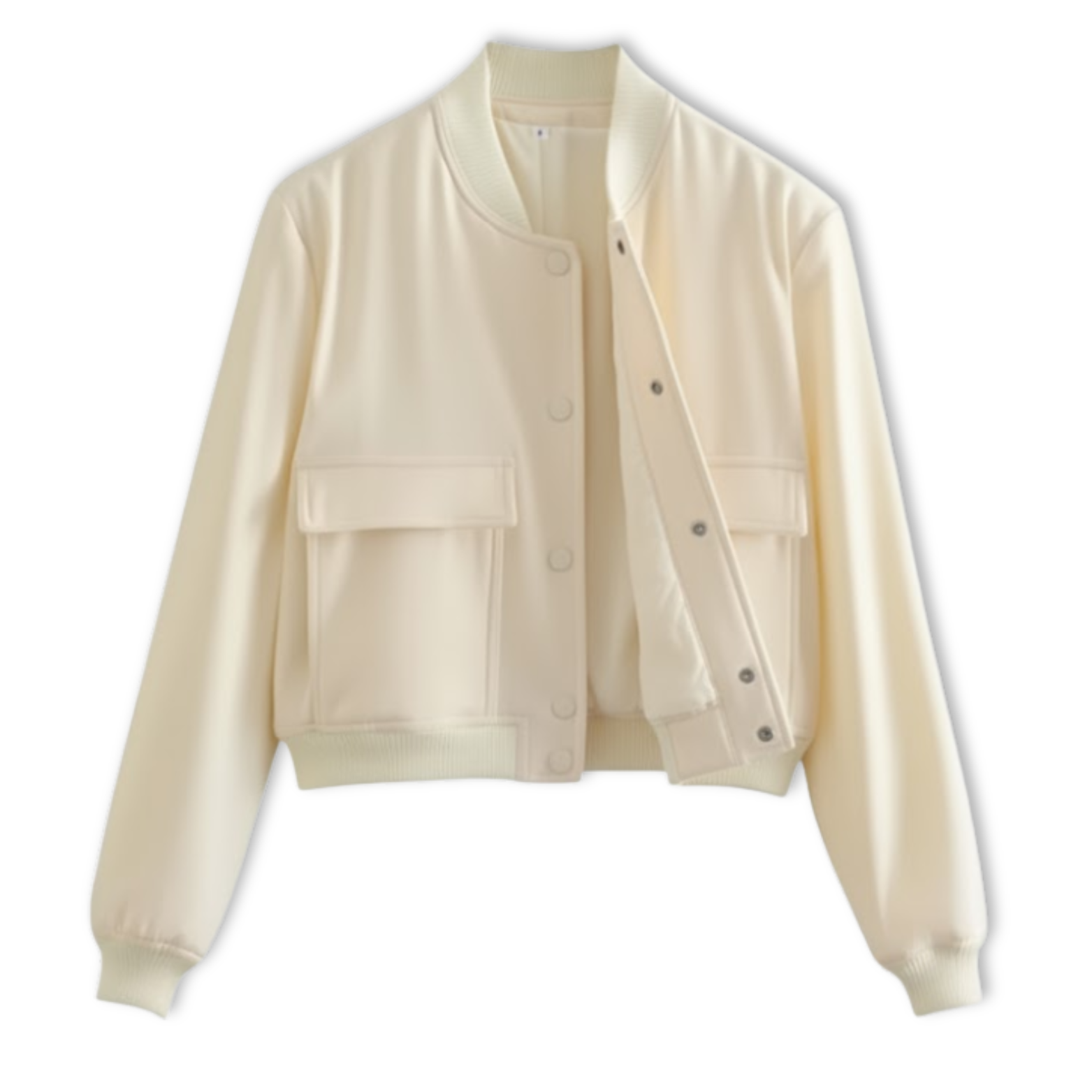 Short women's bomber jacket with snap buttons and large patch pockets