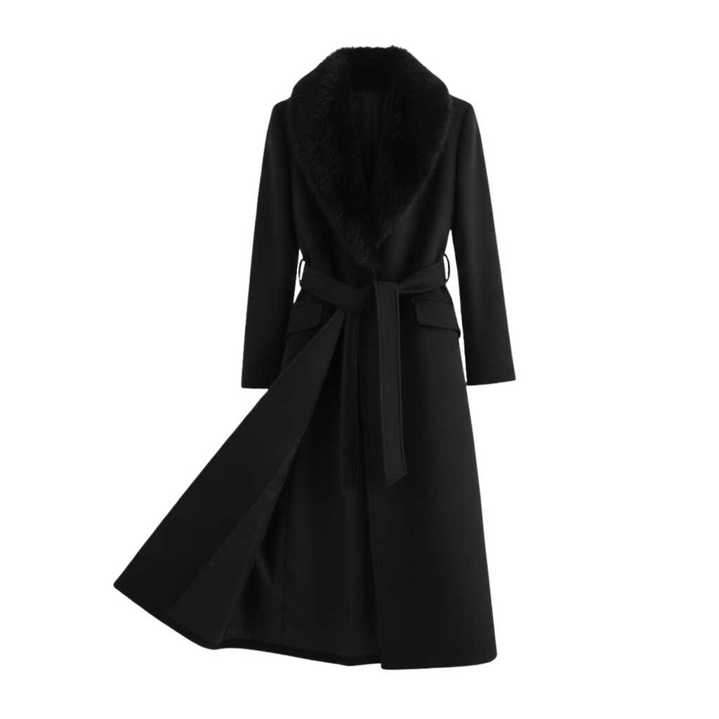 Women's Warm Belted Coat with Fur Collar for Autumn and Winter