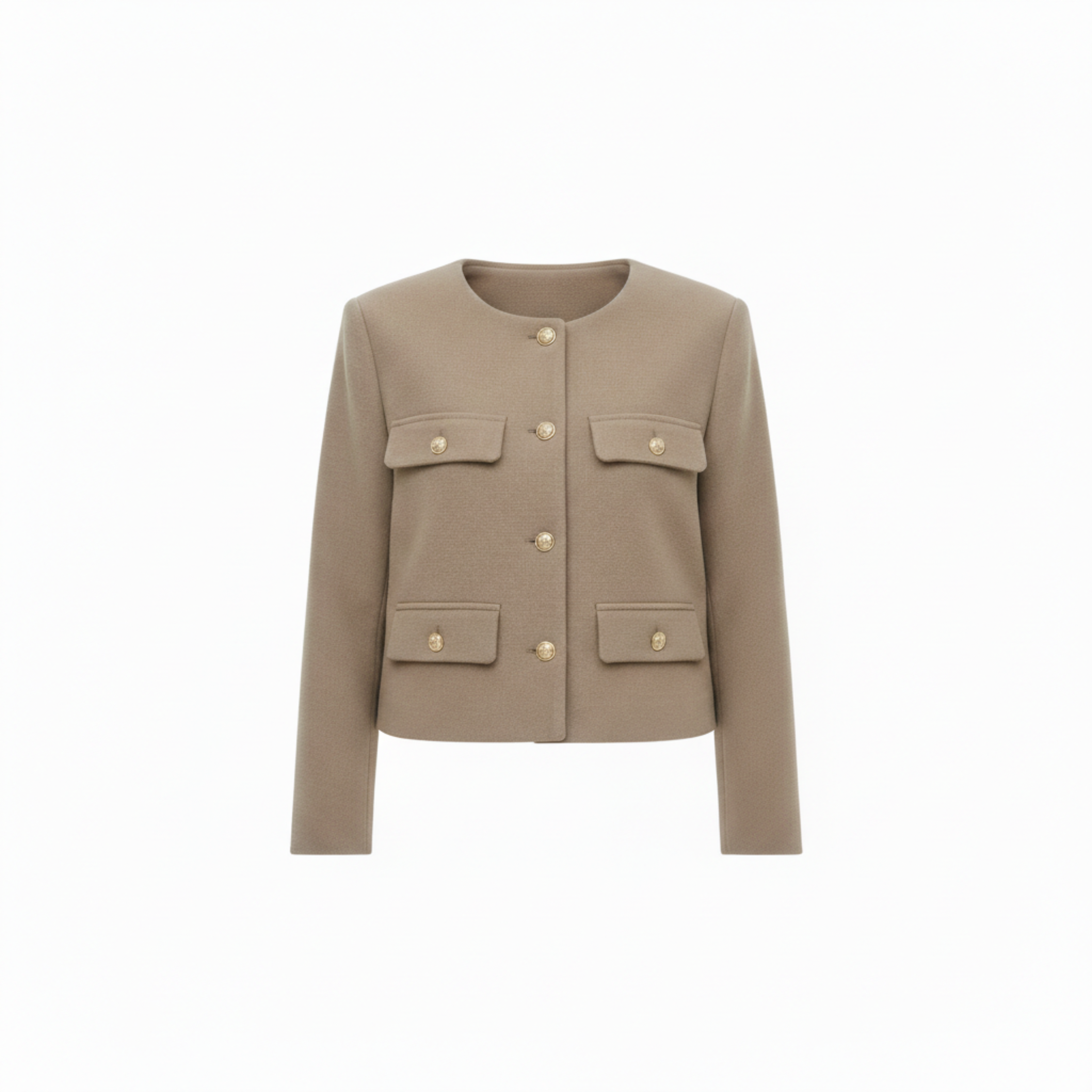 Polyester Round Neck Jacket with Gold Buttons and Pockets for Women