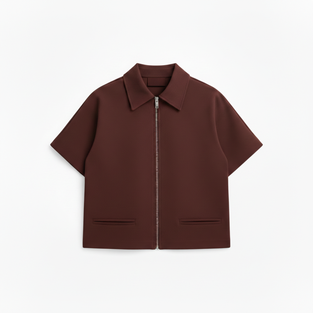 Short Polyester Jacket with Short Sleeves and Zipper for Women