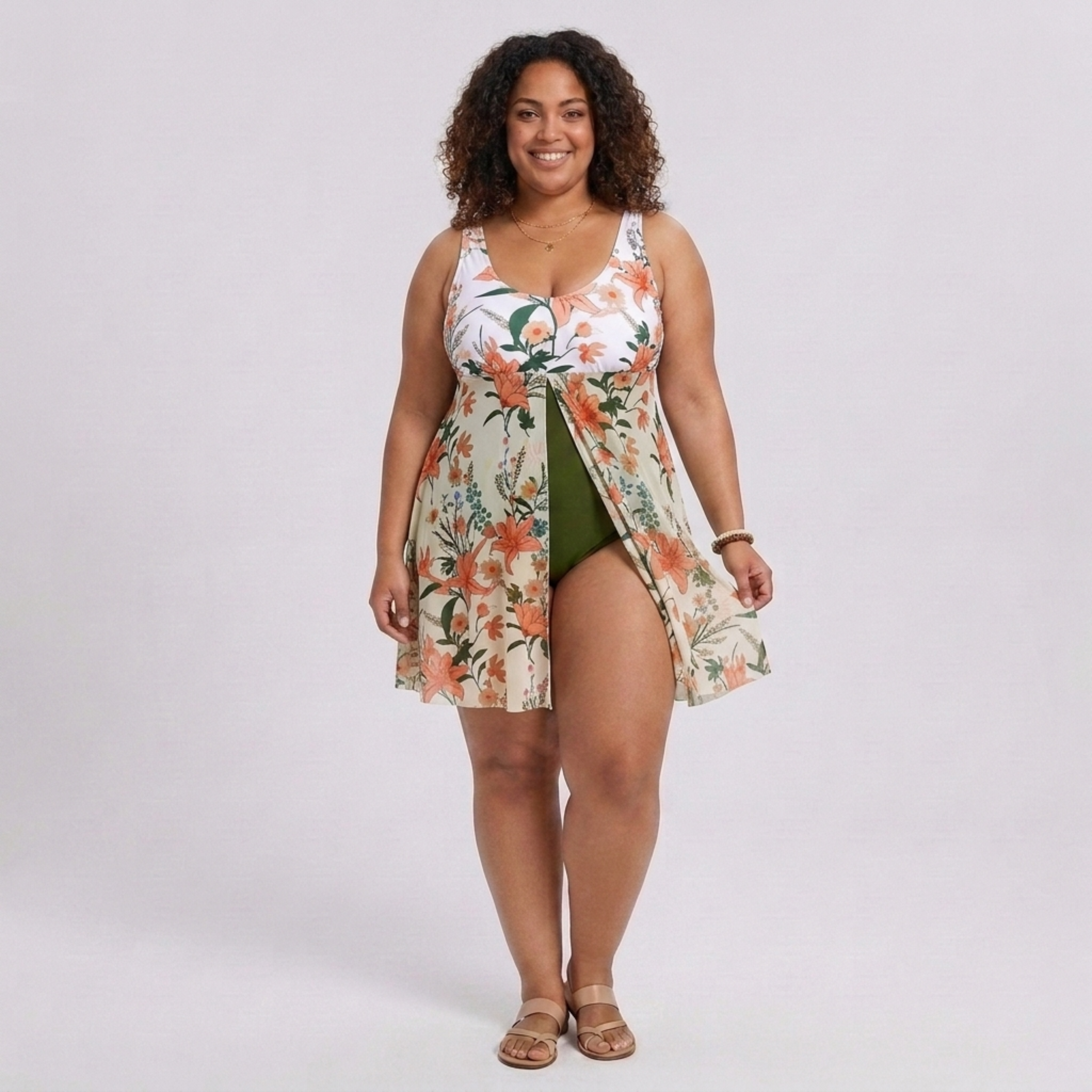 Plus Size One-Piece Swimsuit for Women with Integrated Floral Print Sarong