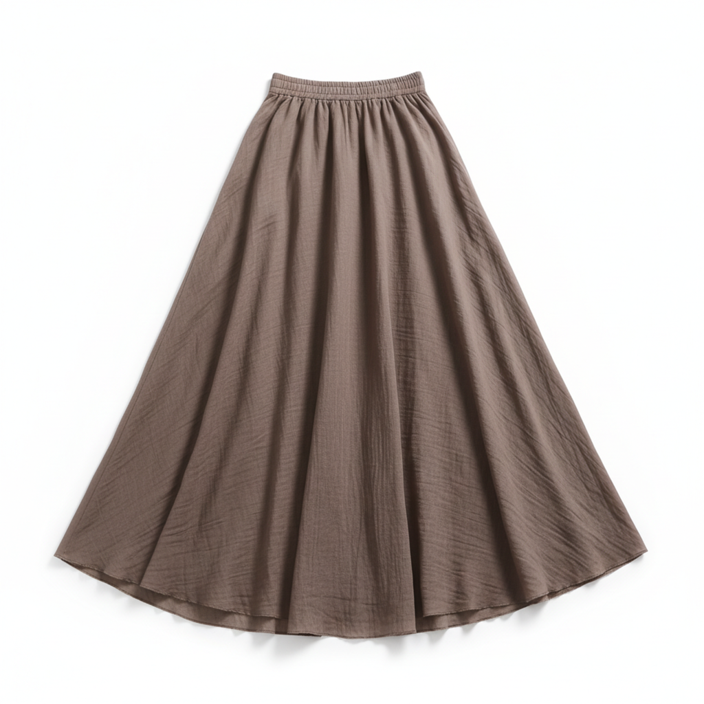 Women's Maxi Skirt in Cotton and Linen, High Elastic Waist, Flared Cut, Ankle Length
