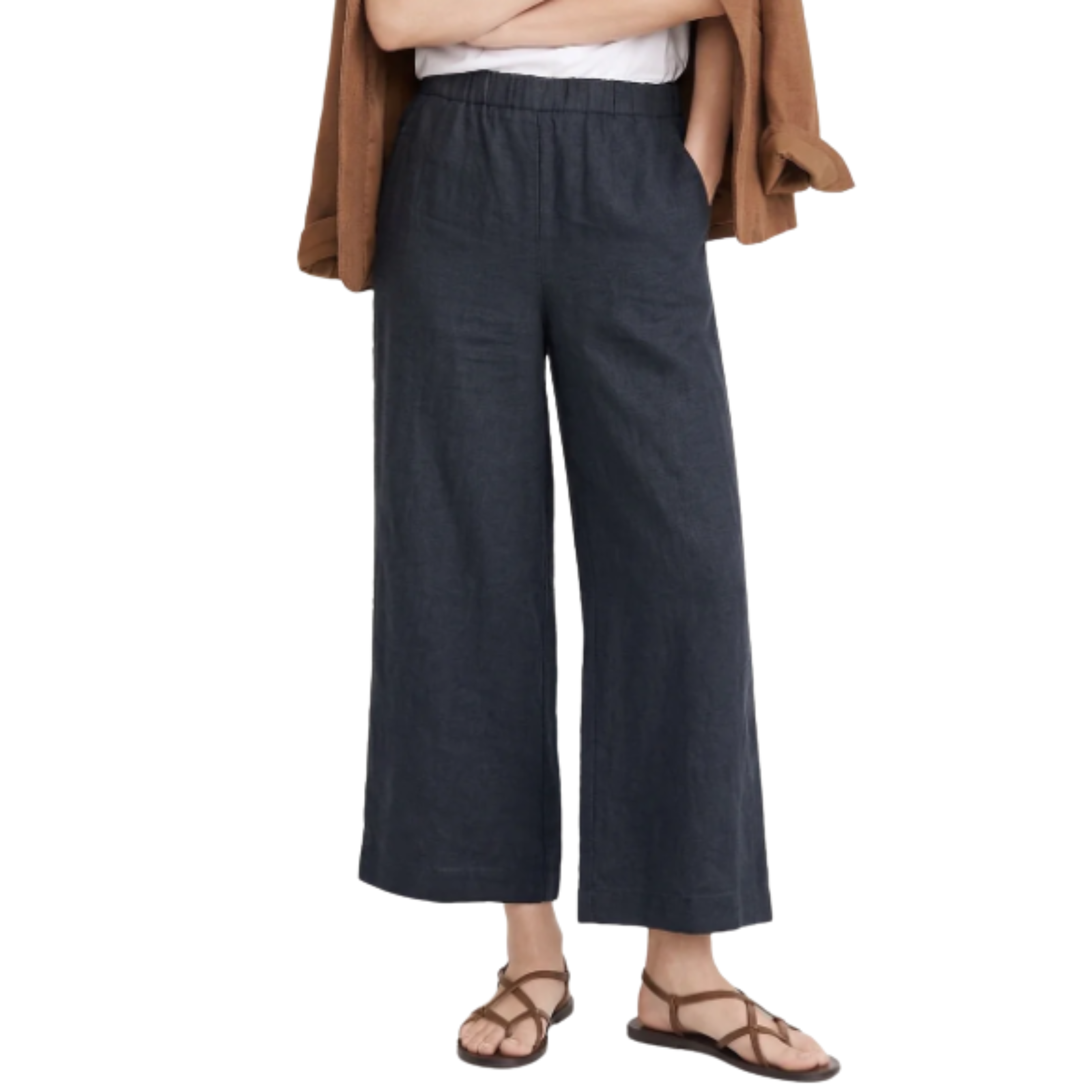 Women's Wide-Leg Linen Pants with Elastic Waist and Short Cut