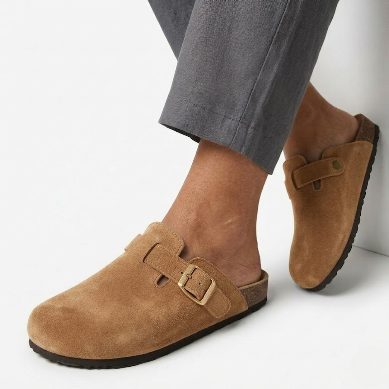 Suede Clogs with Cork Sole and Adjustable Buckle for Women