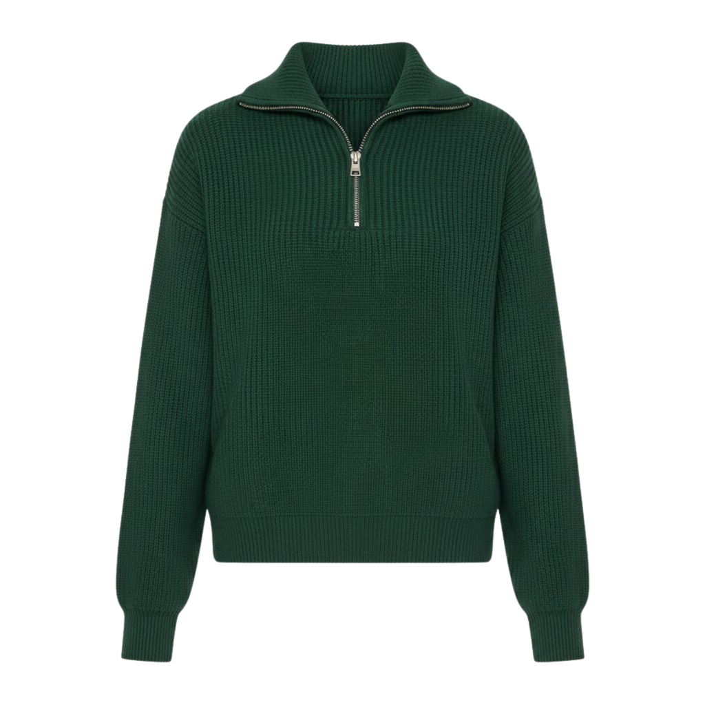 Elegant women's sweater with high collar and half zipper, soft knit, casual