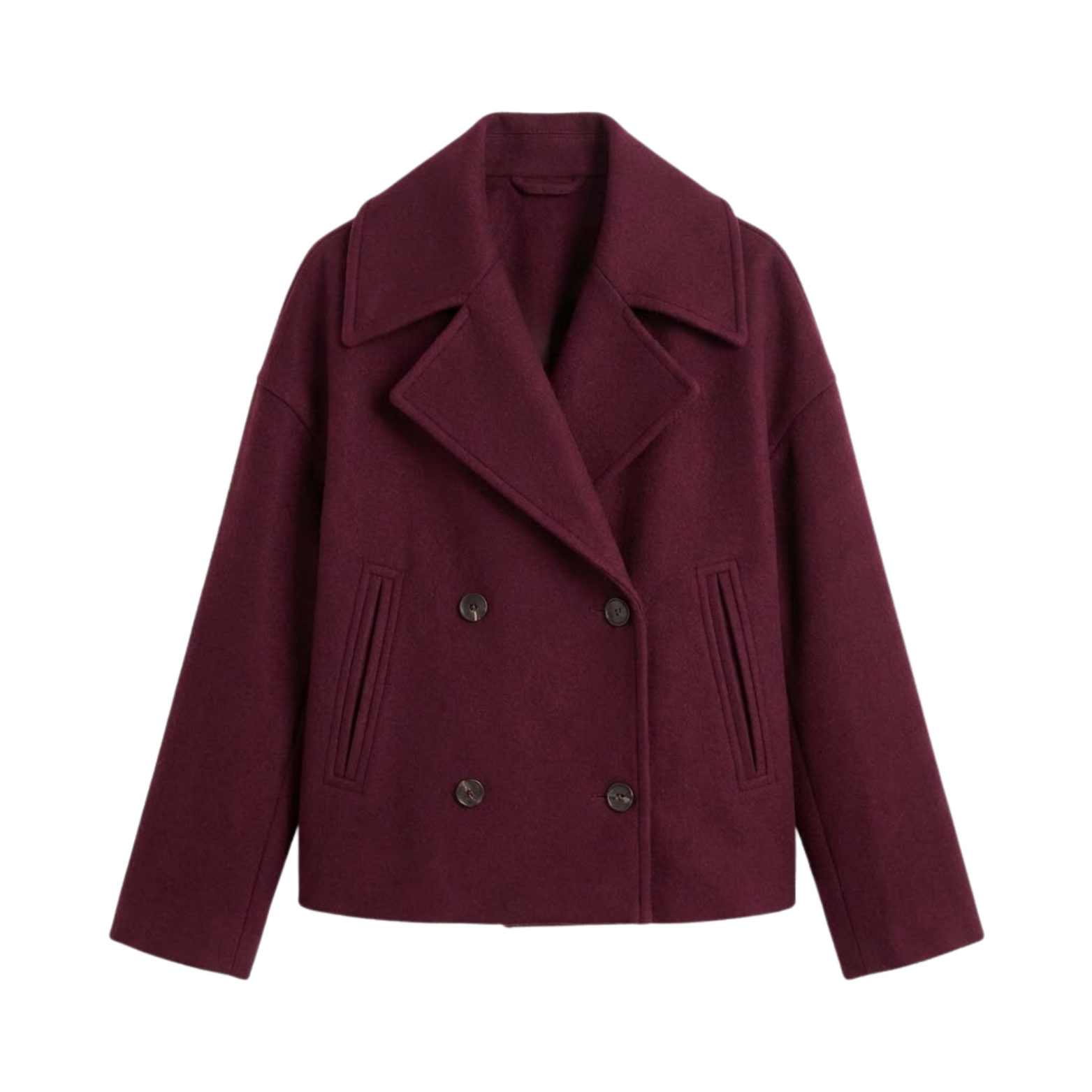 Short wool coat for women with double-breasted front and relaxed lapel collar