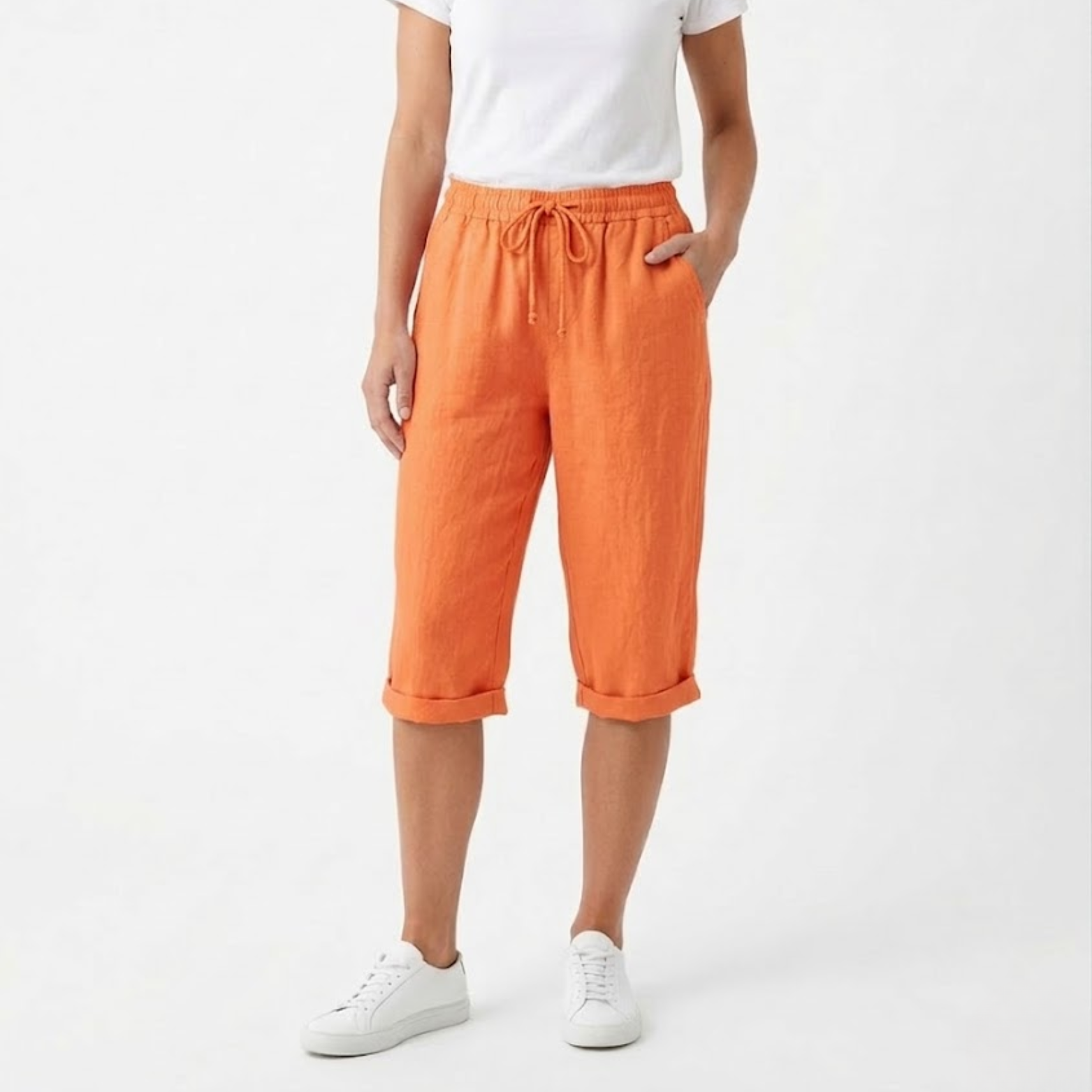 Cotton and Linen Shorts with Elastic Waist and Pockets for Women