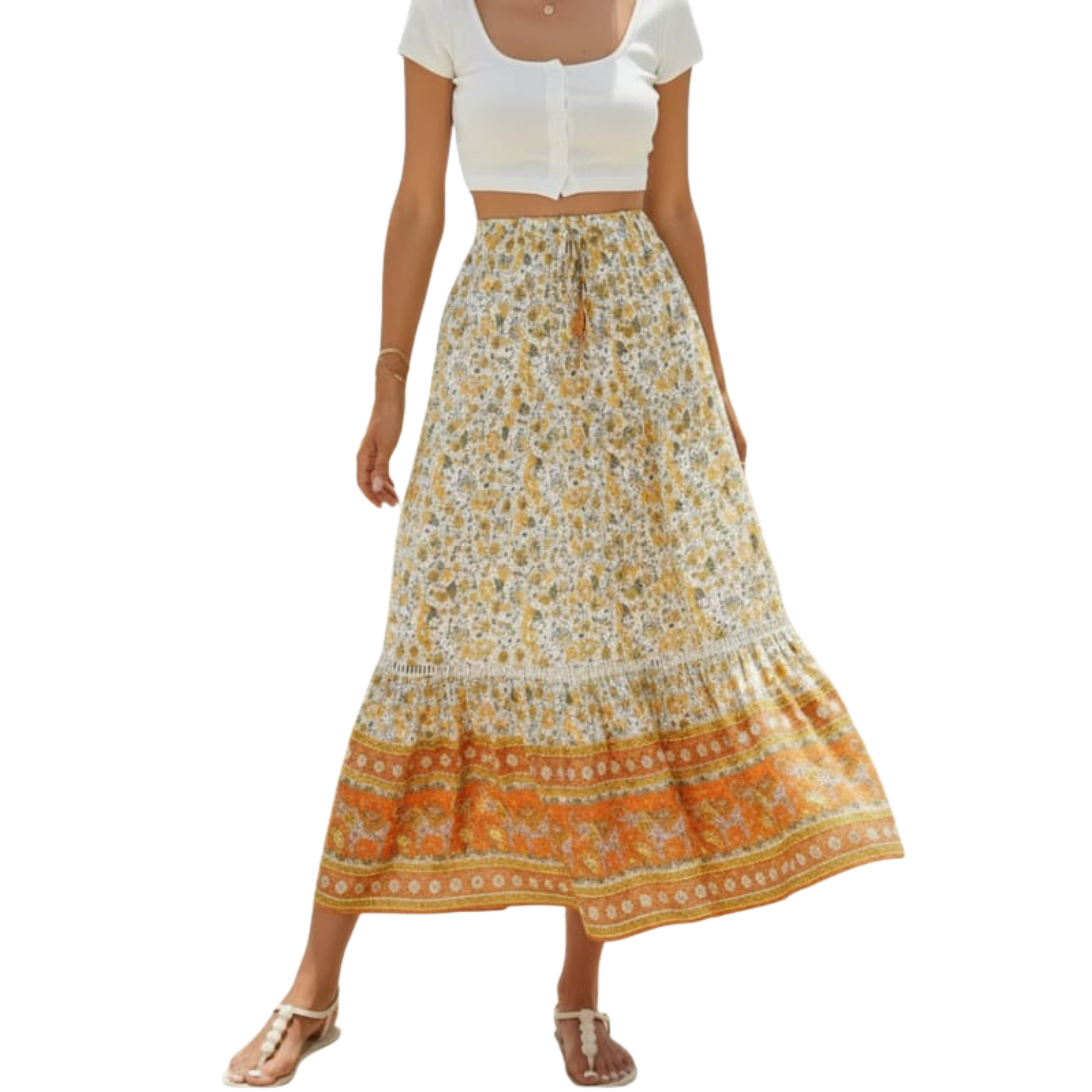Long Floral Maxi Skirt — High Waist with Drawstrings — Beach Outfit