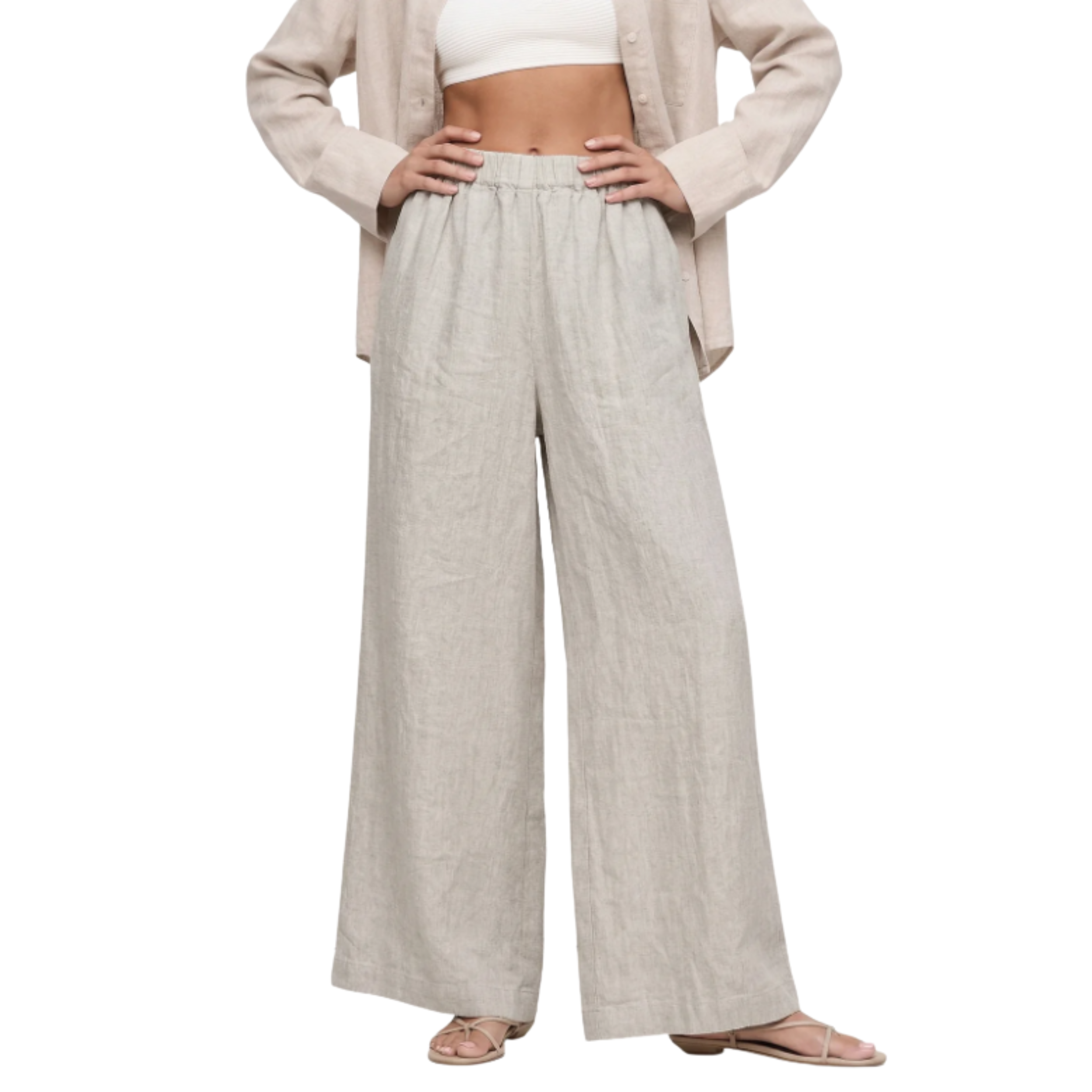 Women's Wide-Leg Linen Pants with Elastic Waist and Short Cut