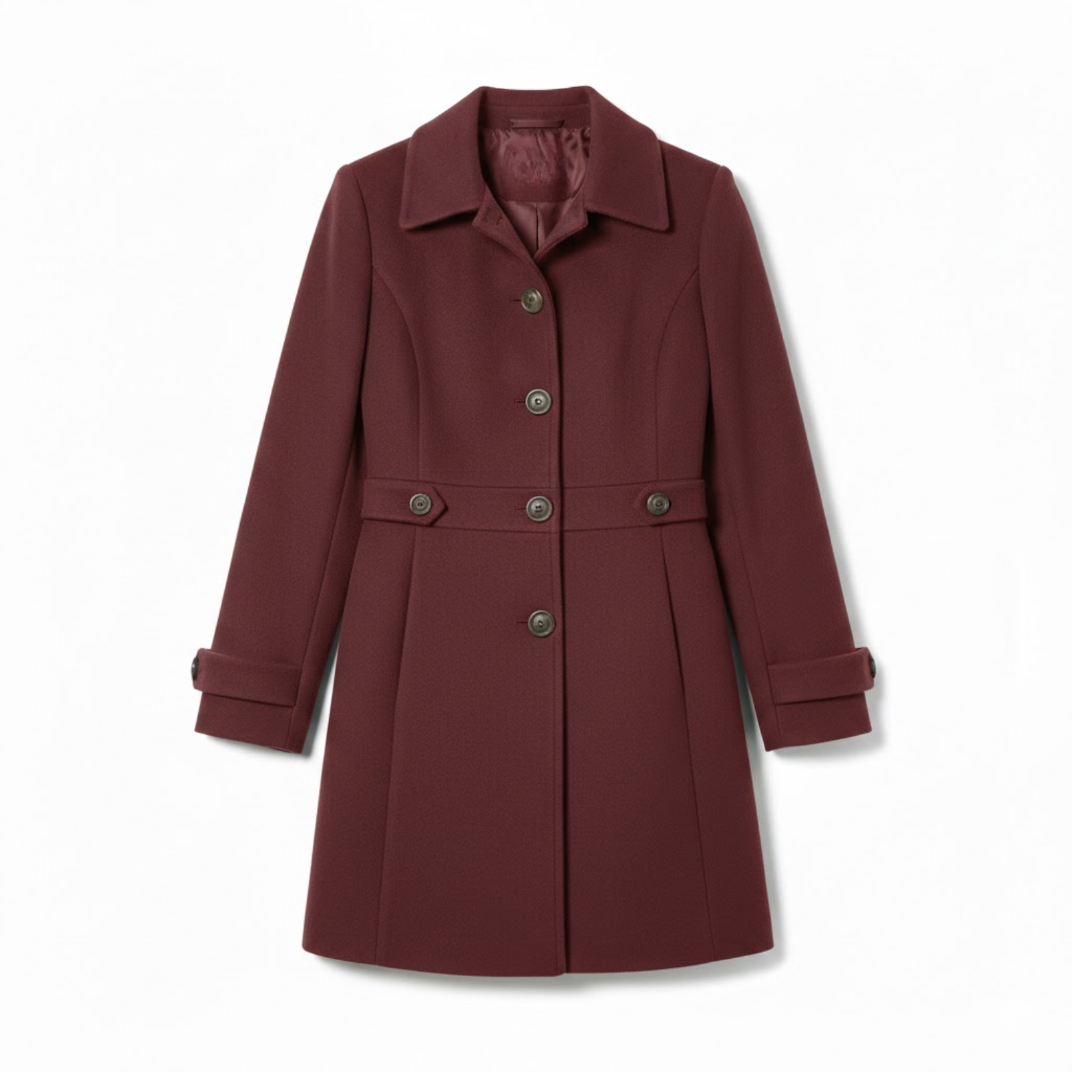 Mid-length wool coat with tailored collar and multiple buttons
