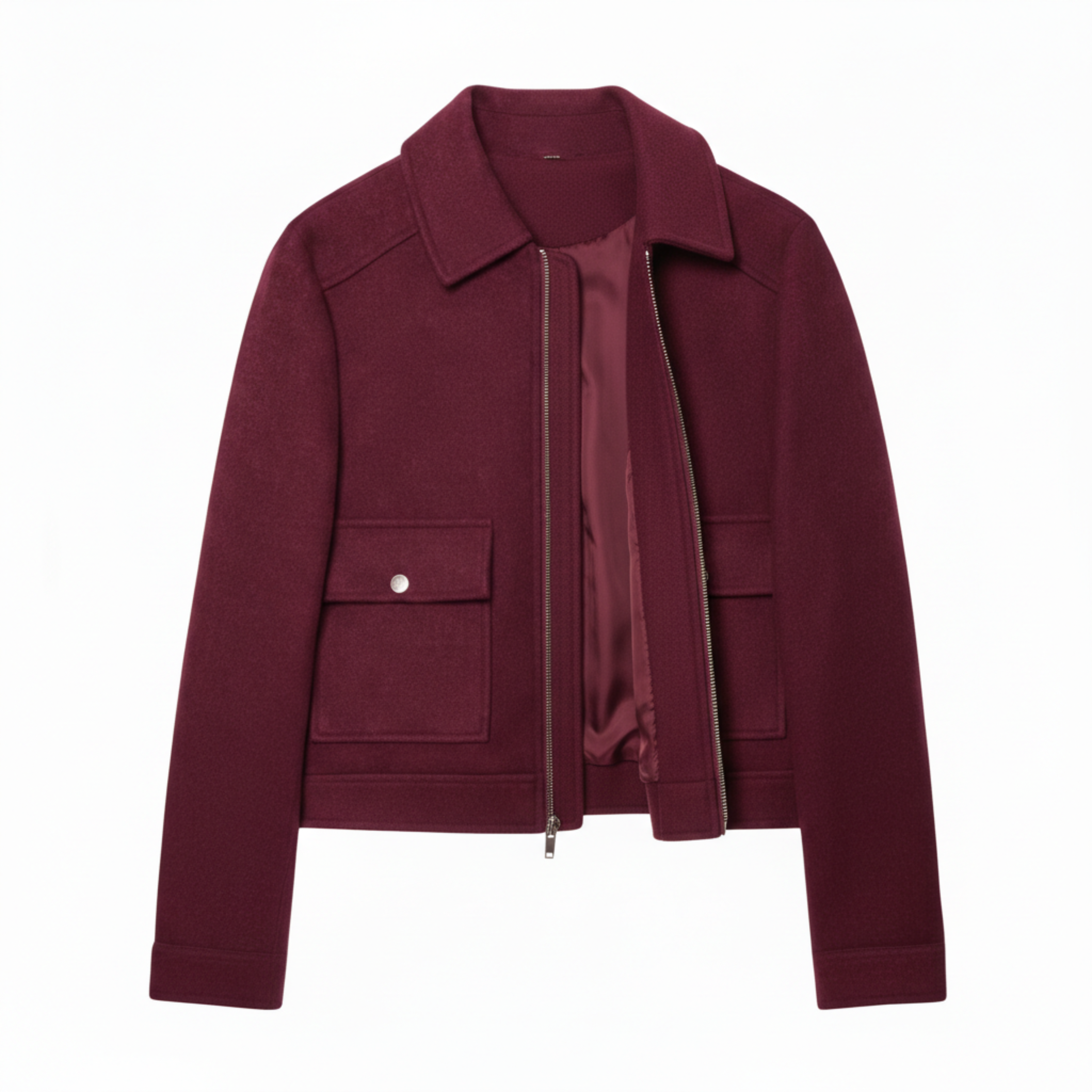 Short Polyester Jacket with Turn-Down Collar and Zipper Closure for Women
