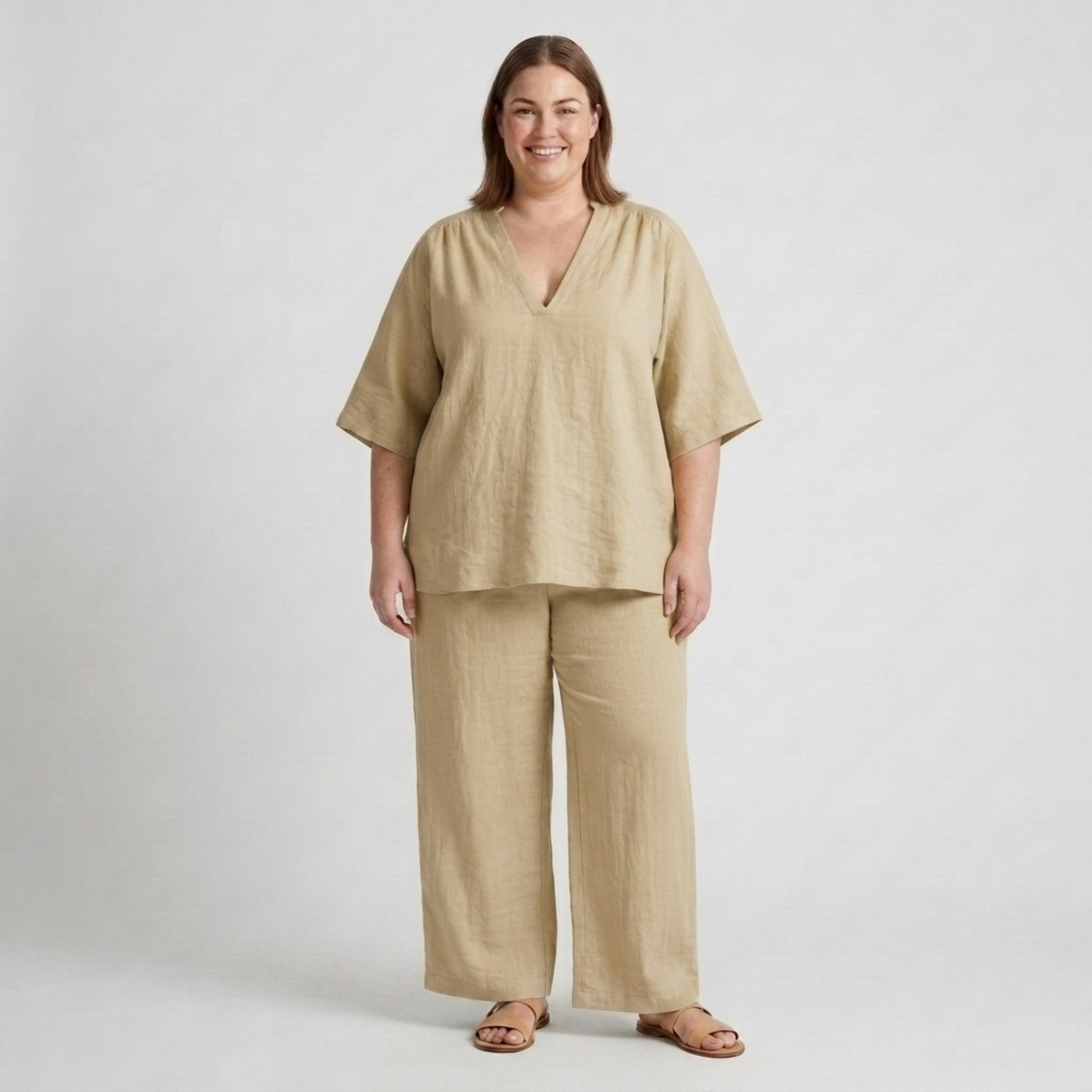 Plus size two-piece set for women with loose V-neck top and flowy pants