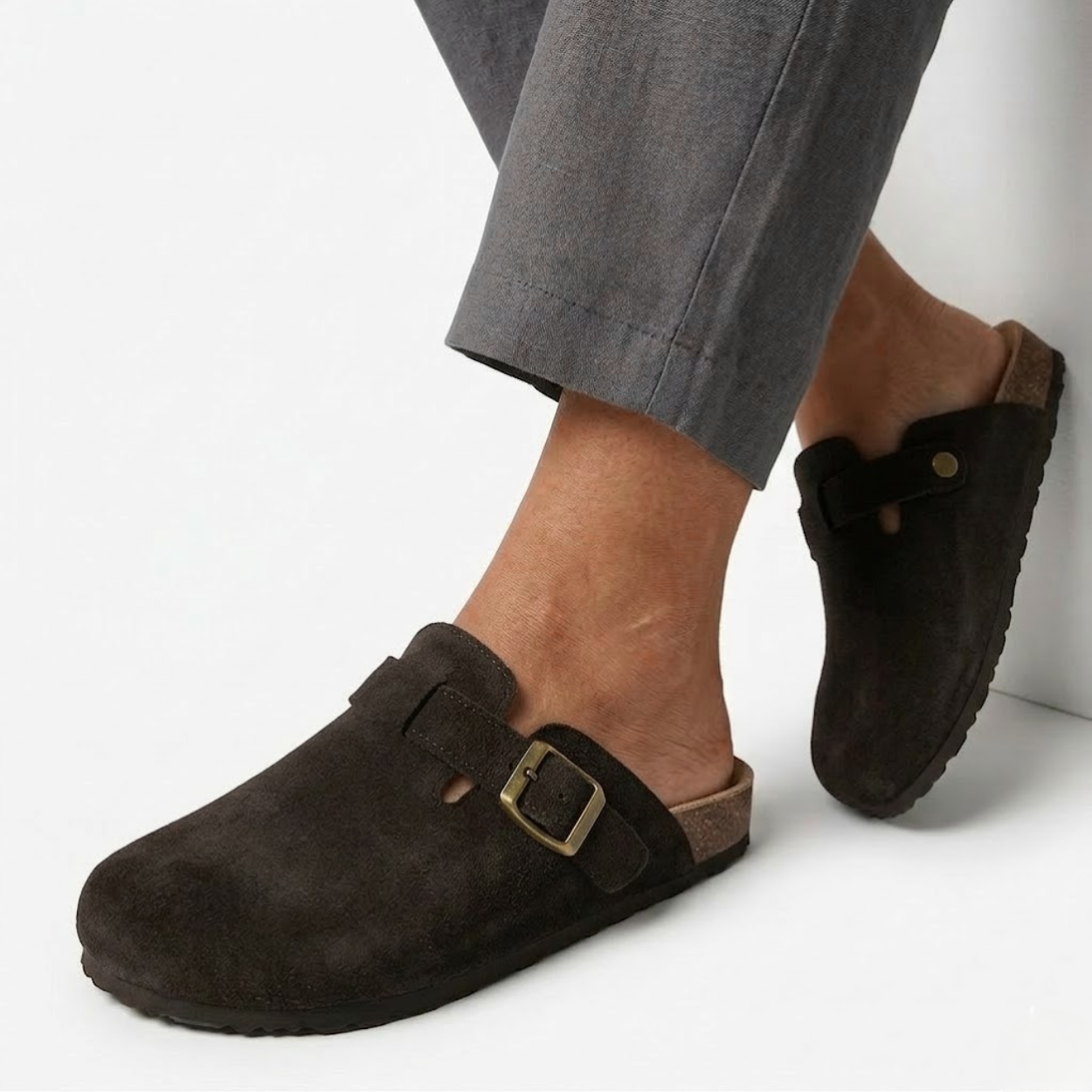 Suede Clogs with Cork Sole and Adjustable Buckle for Women