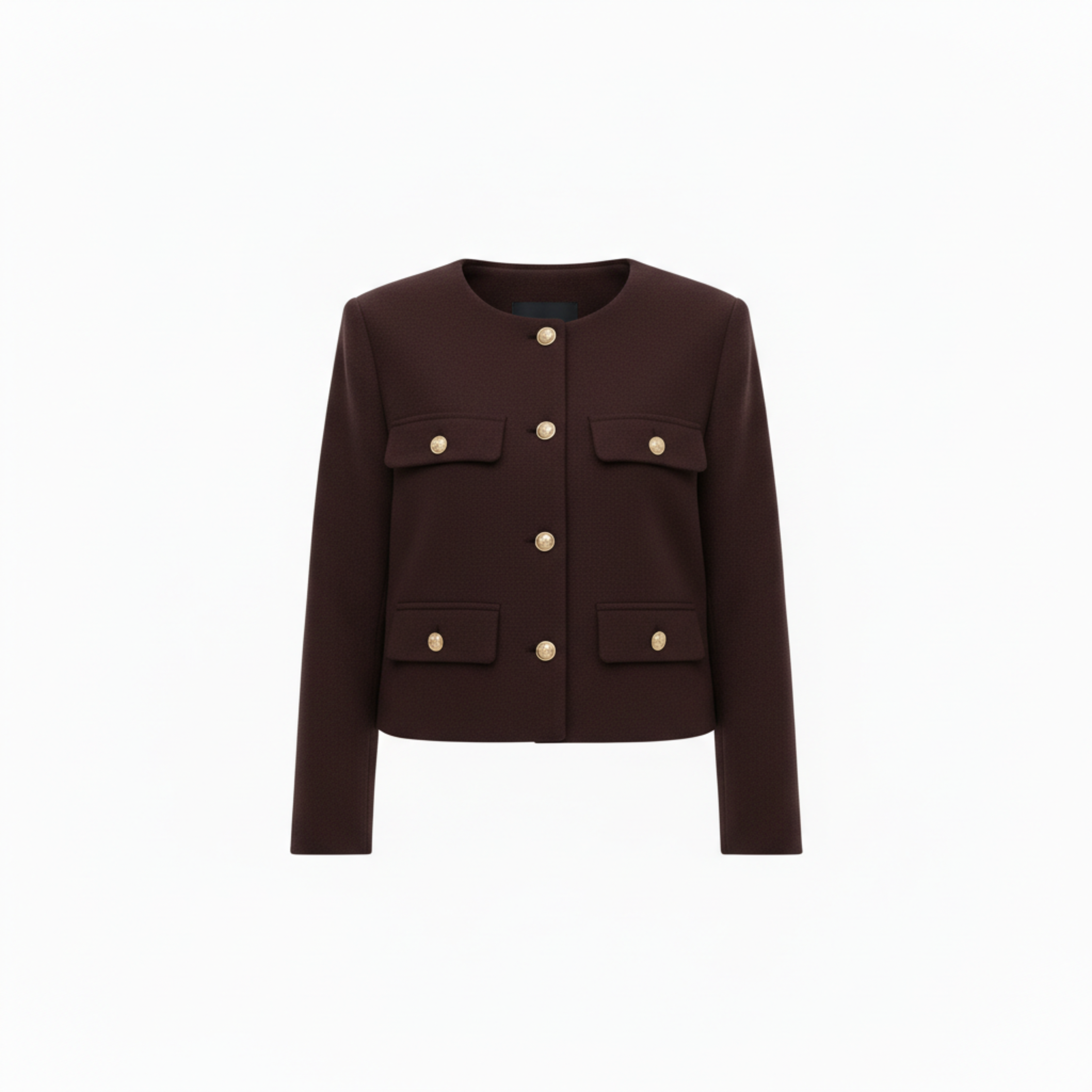 Polyester Round Neck Jacket with Gold Buttons and Pockets for Women