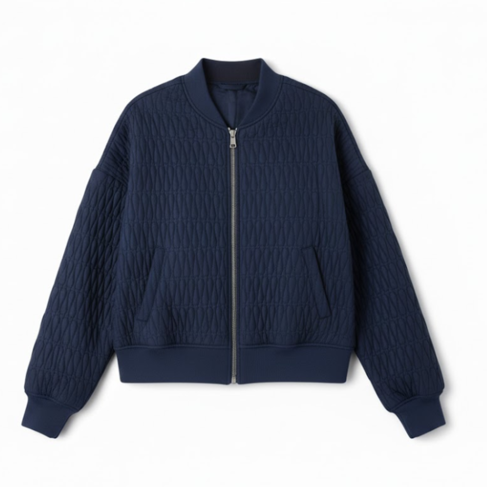 Quilted bomber jacket with stand-up collar and embossed texture