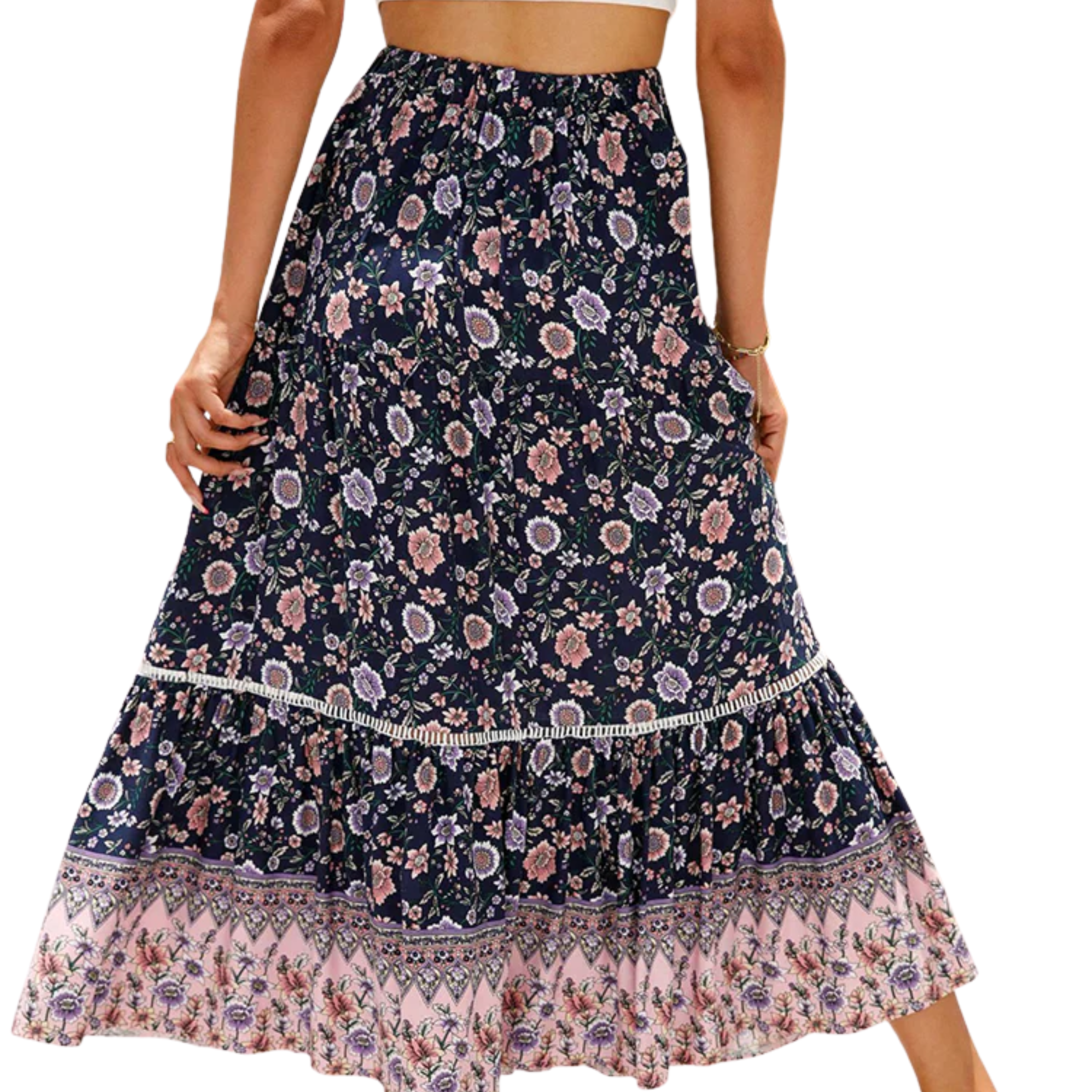 Long floral maxi skirt — high waist with lacing — summer vacation