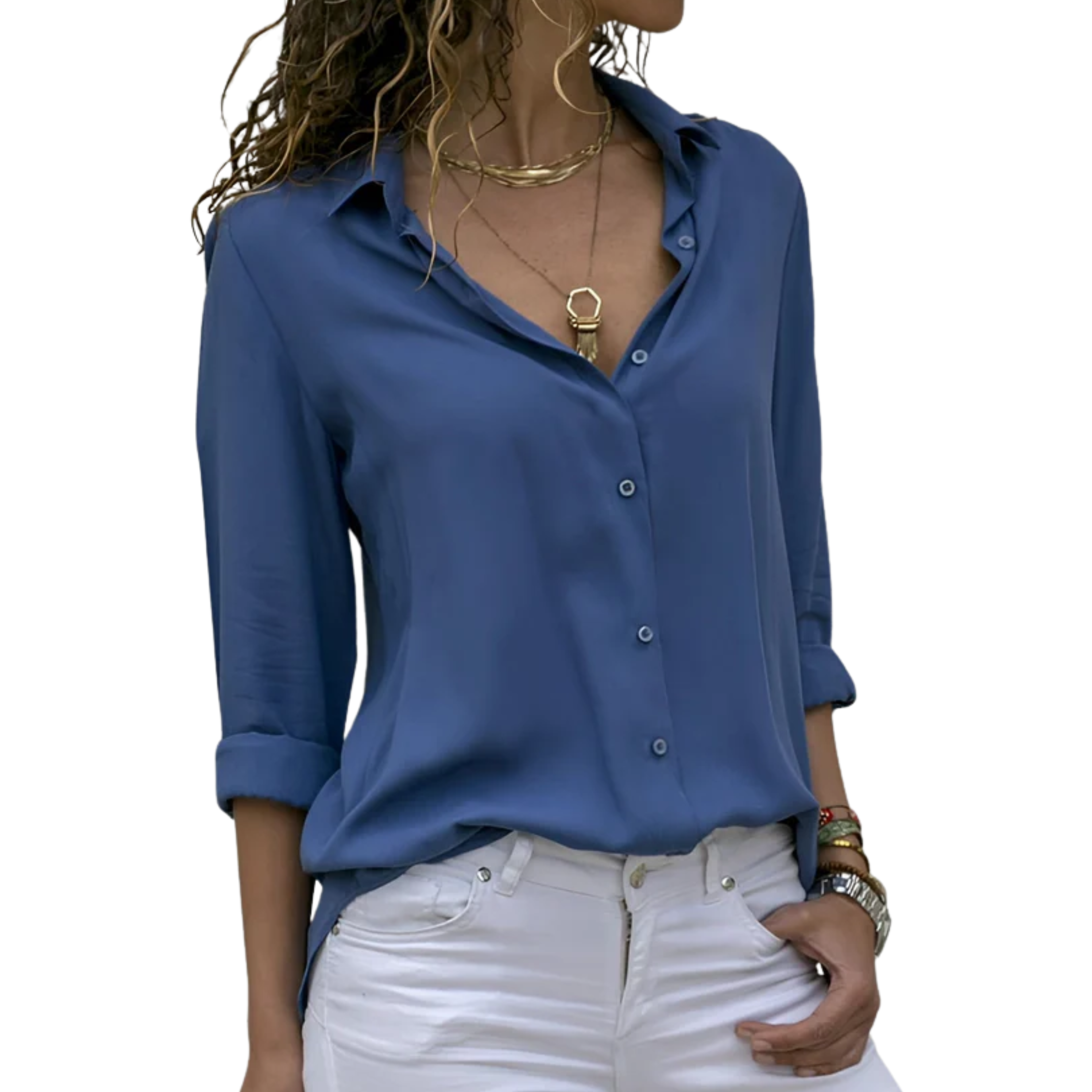 Women's fluid silk blouse — V-neck — office and evening