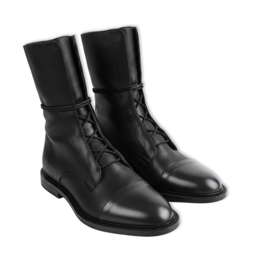 Mid-calf women's ankle boots with two-tone laces, reinforced toe, and rubber sole