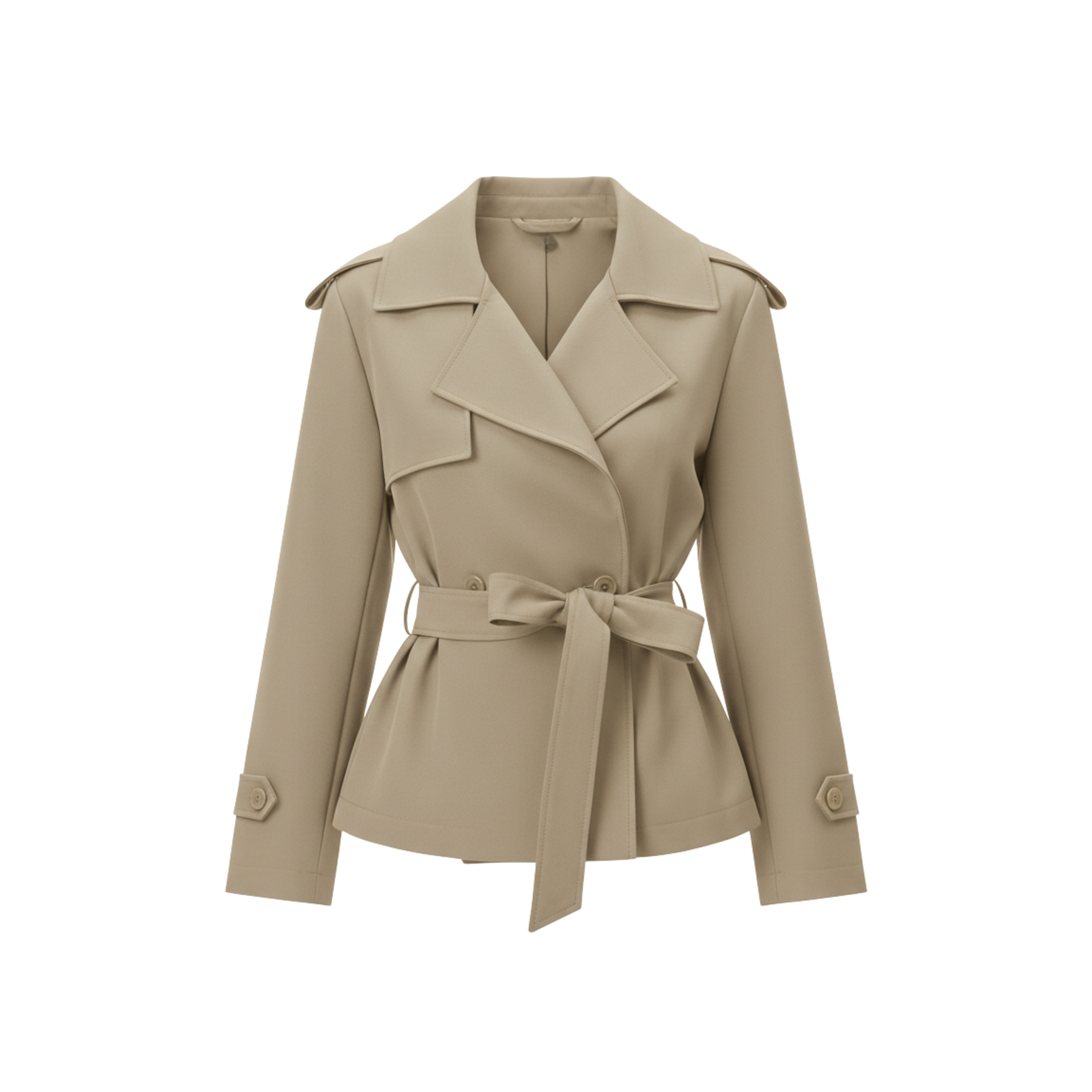 Short Polyester Trench Coat with Belt and Notched Collar for Women