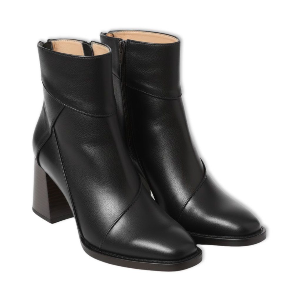 Women's soft leather ankle boots with thick square heel and side zipper