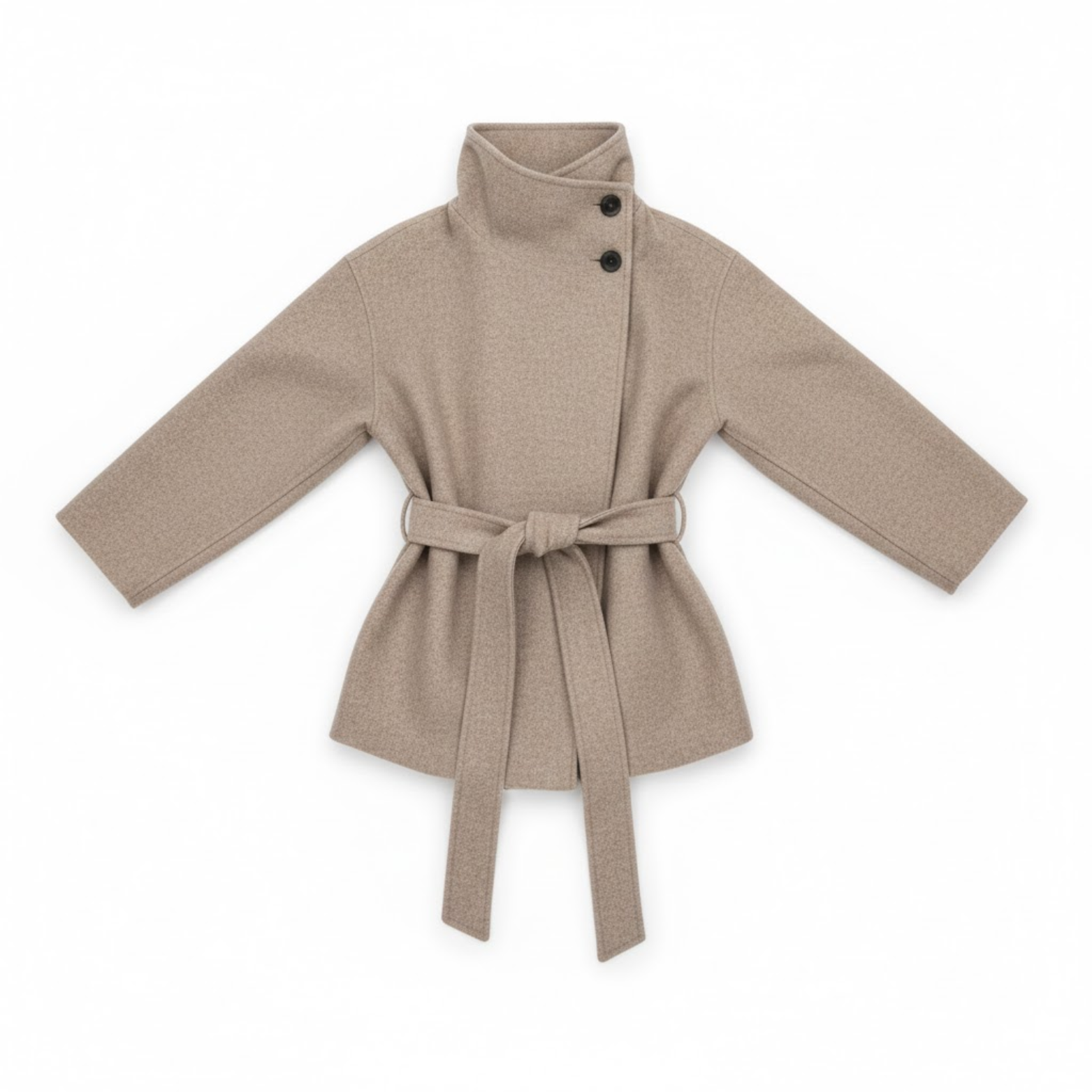 Women's faux fur coat with high collar and belt, warm and elegant jacket