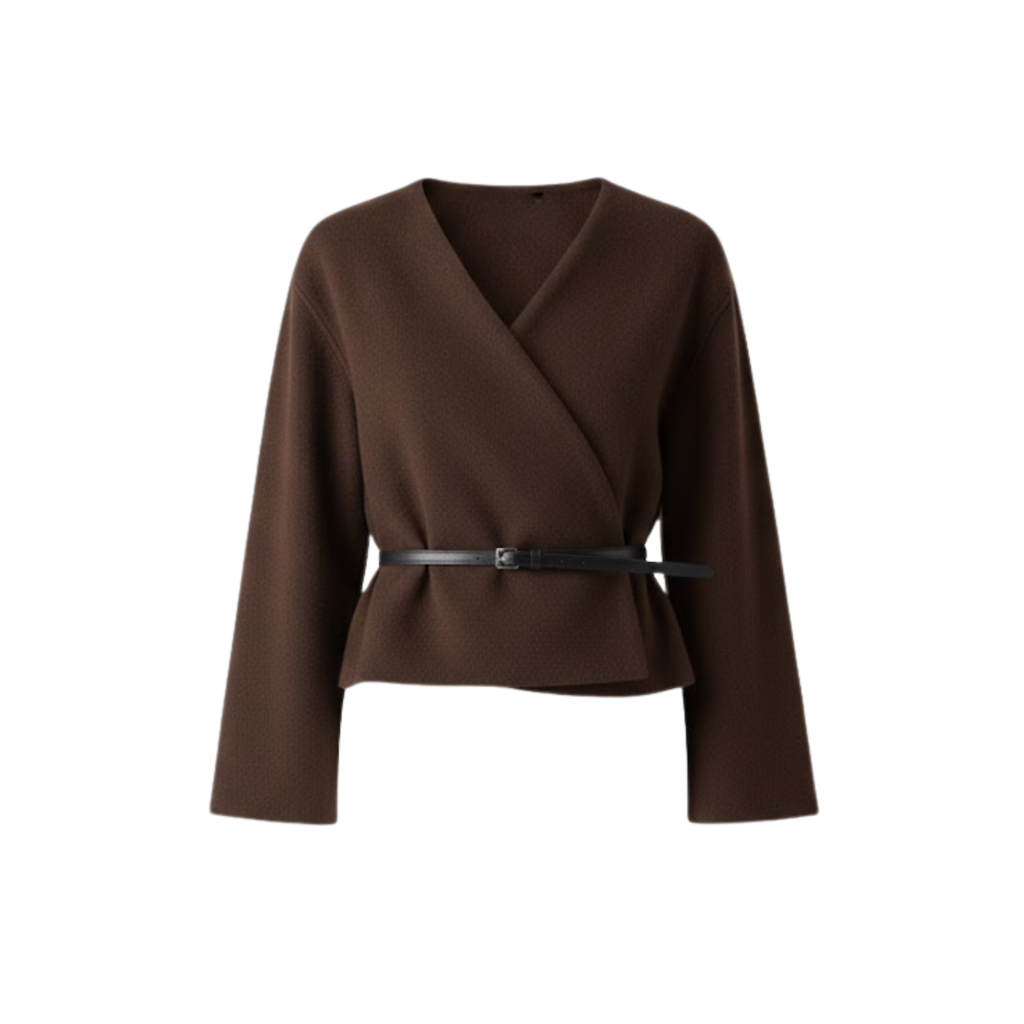 Short coat for women with belt and crossed V-neck casual jacket