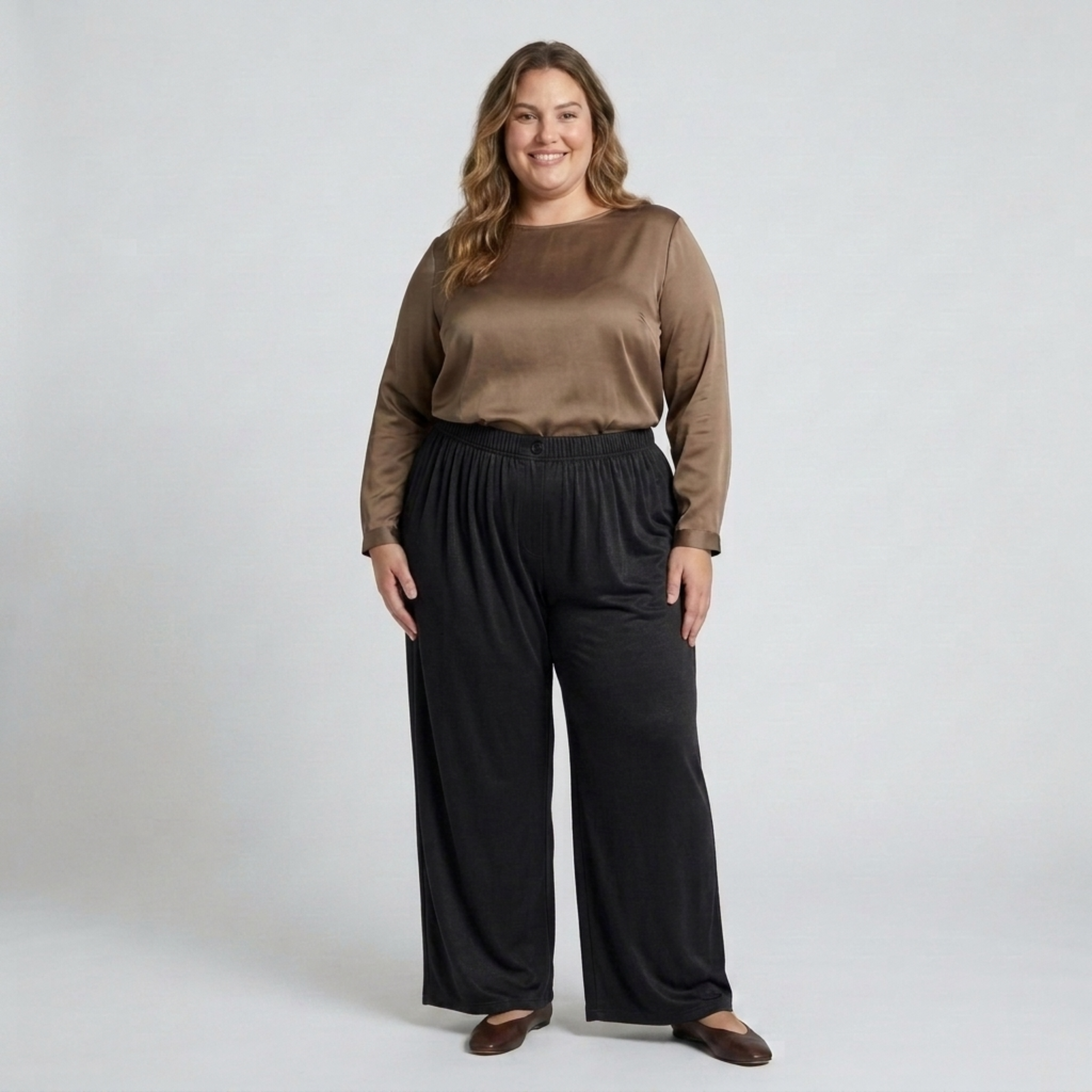 Wide large size pants for women with elastic draped fluid waist