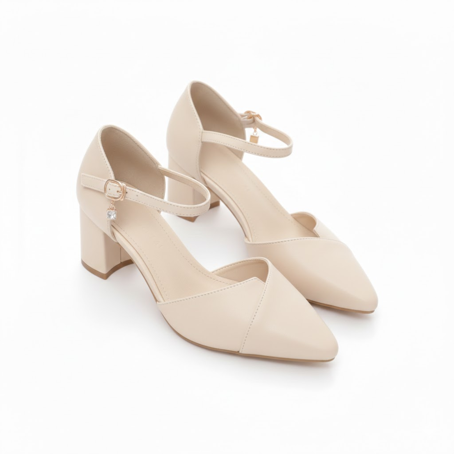 Block heel pumps for women with pointed toe and crossed ankle strap