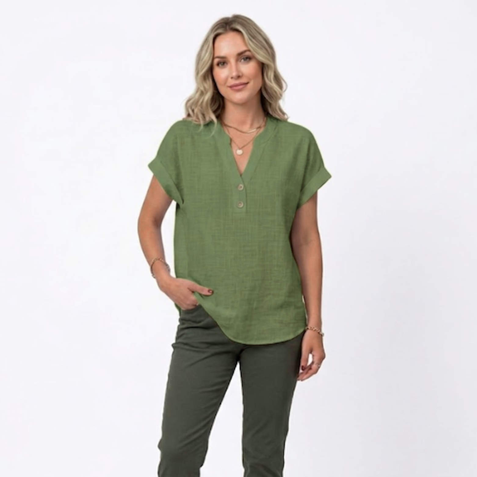 Cotton and Linen V-Neck Short Sleeve Blouse for Women