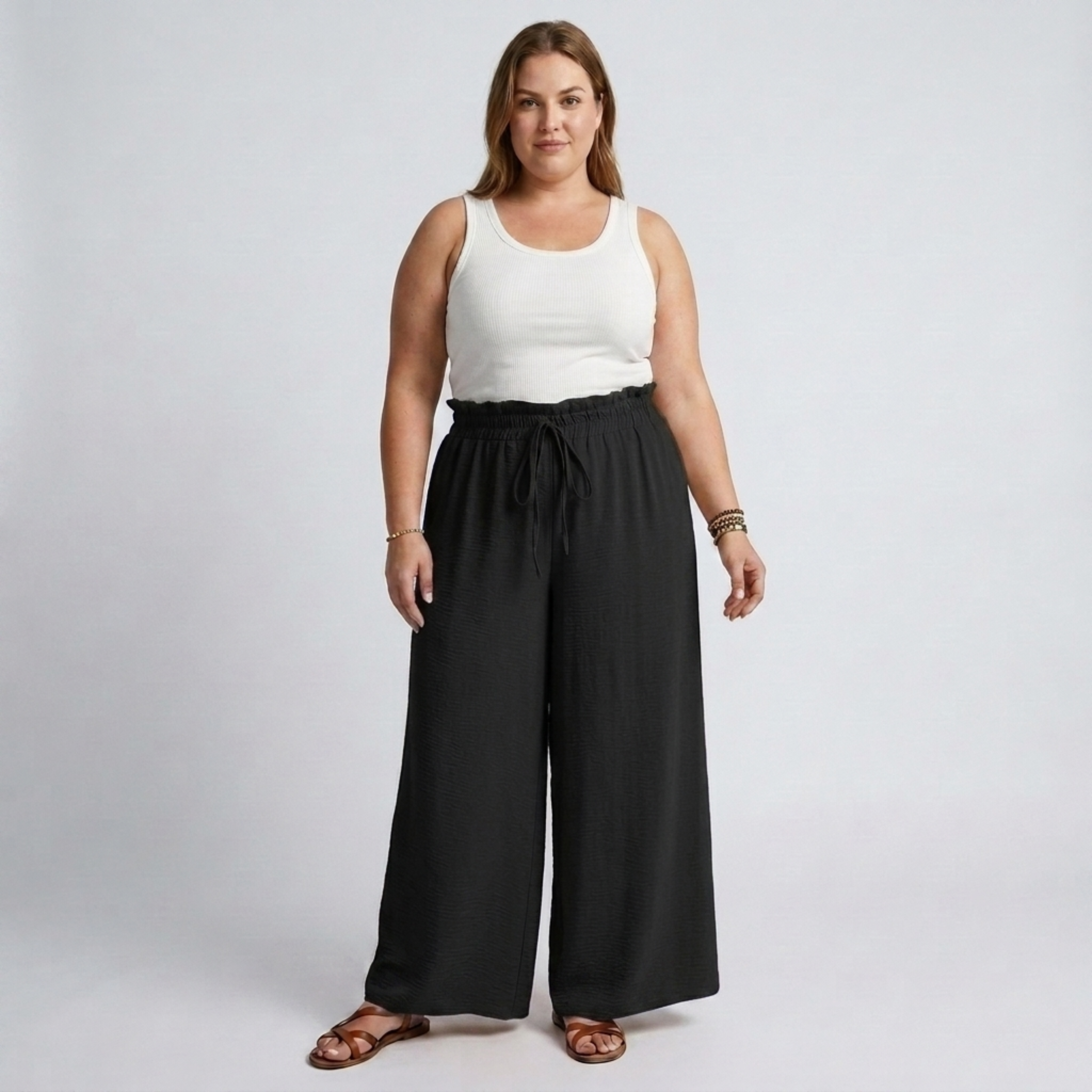 Wide large size pants for women with elastic waistband and drawstring