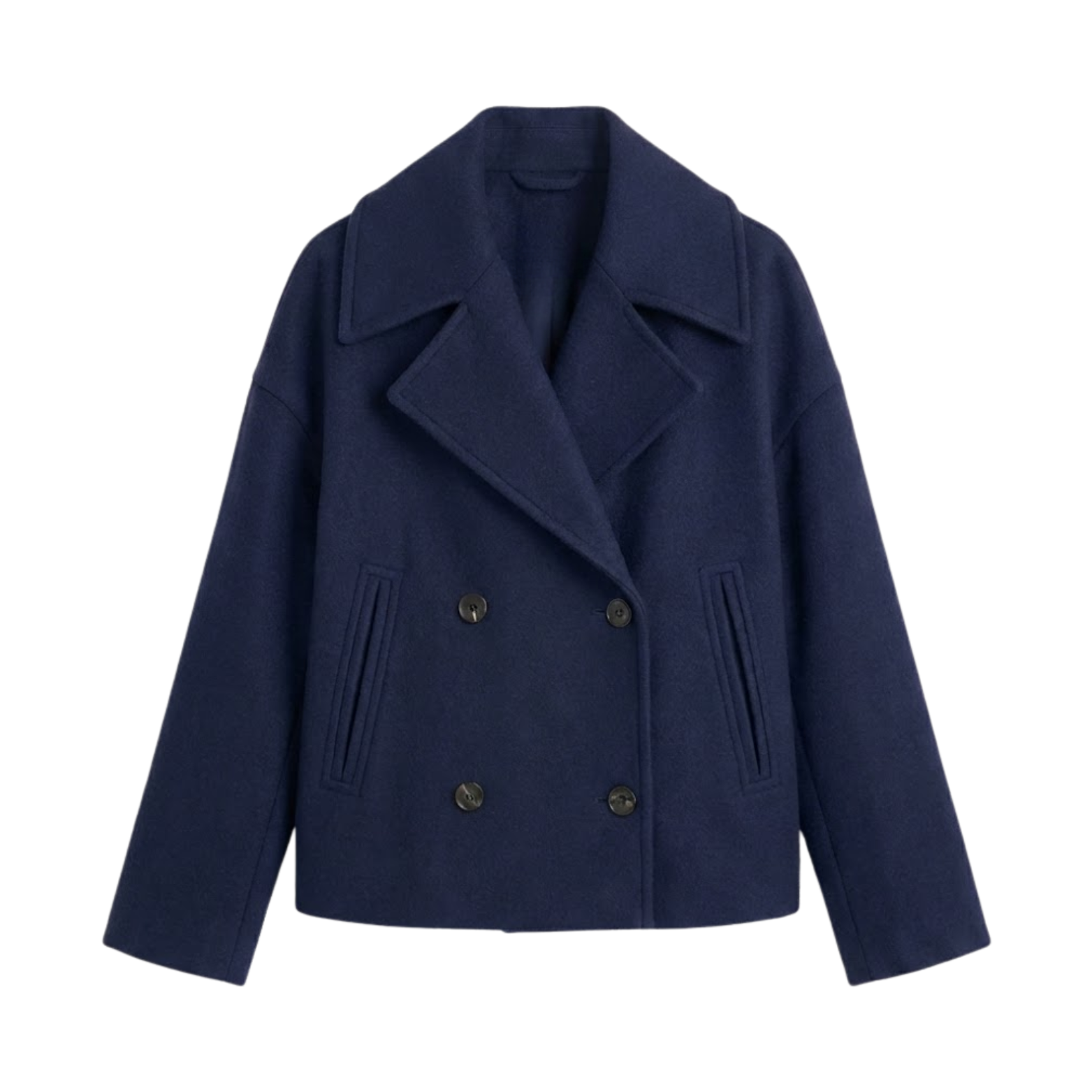 Short wool coat for women with double-breasted front and relaxed lapel collar