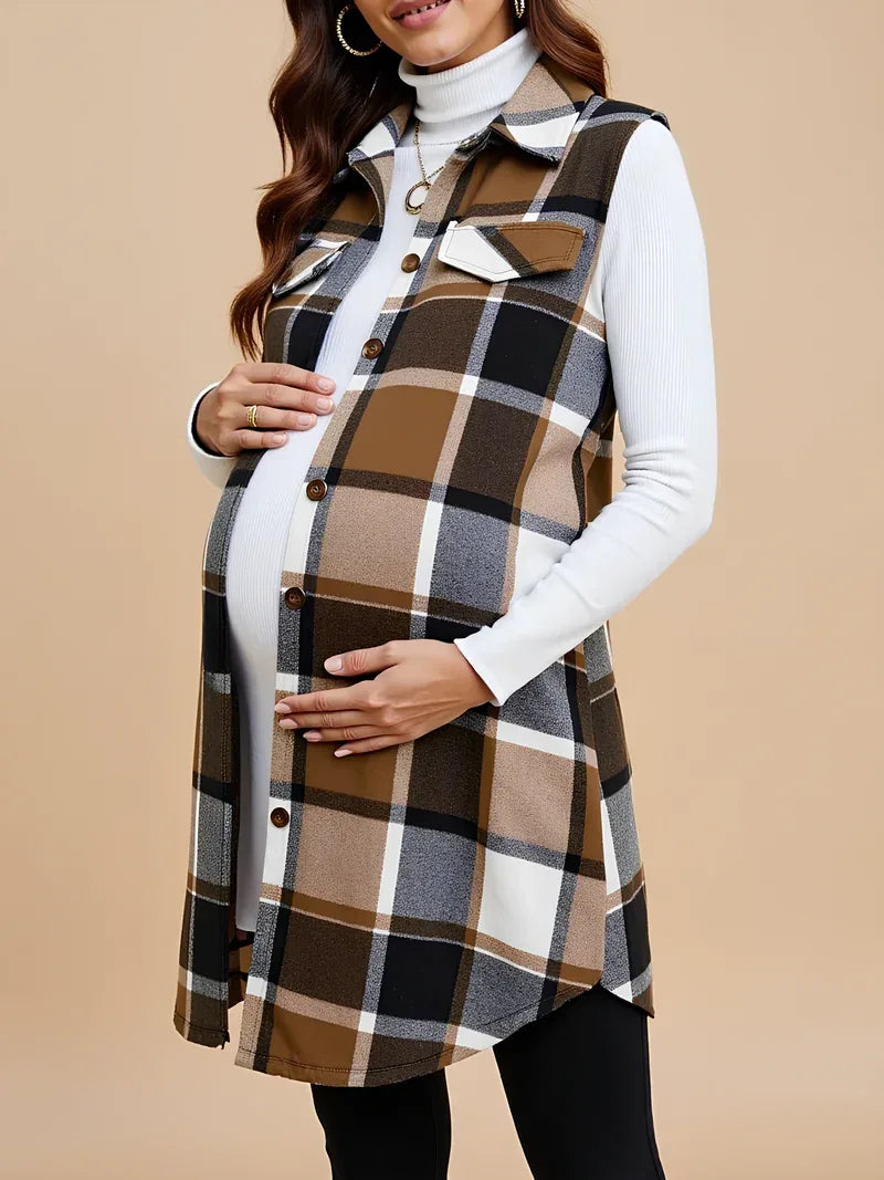 Sleeveless Plaid Maternity Vest