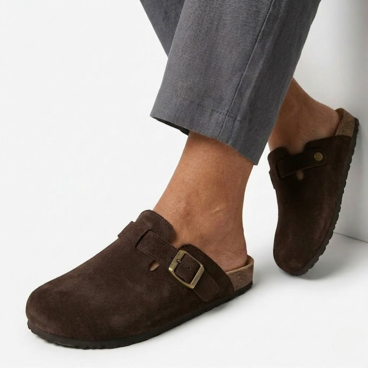Suede Clogs with Cork Sole and Adjustable Buckle for Women