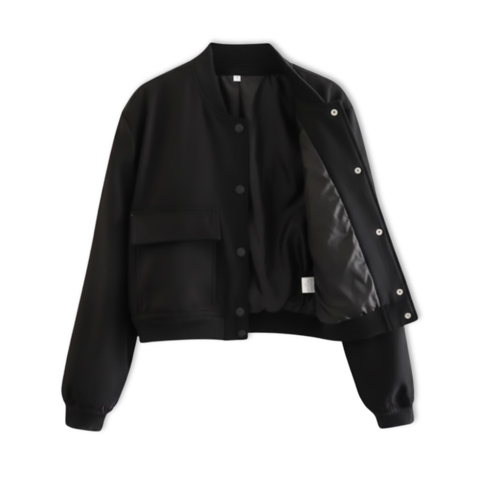 Short women's bomber jacket with snap buttons and large patch pockets